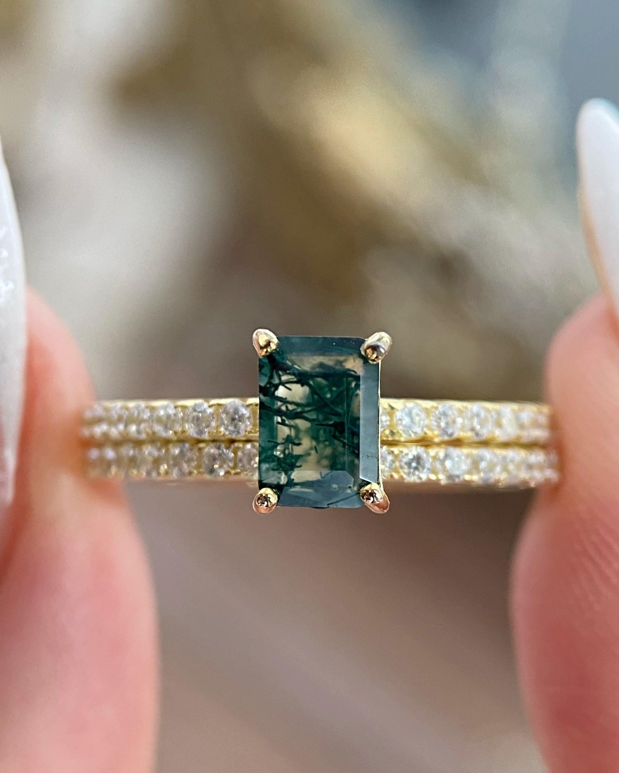 Laguna Set | Unique Handmade Natural Moss Agate Engagement Ring Set 2pcs 1ct Emerald Cut