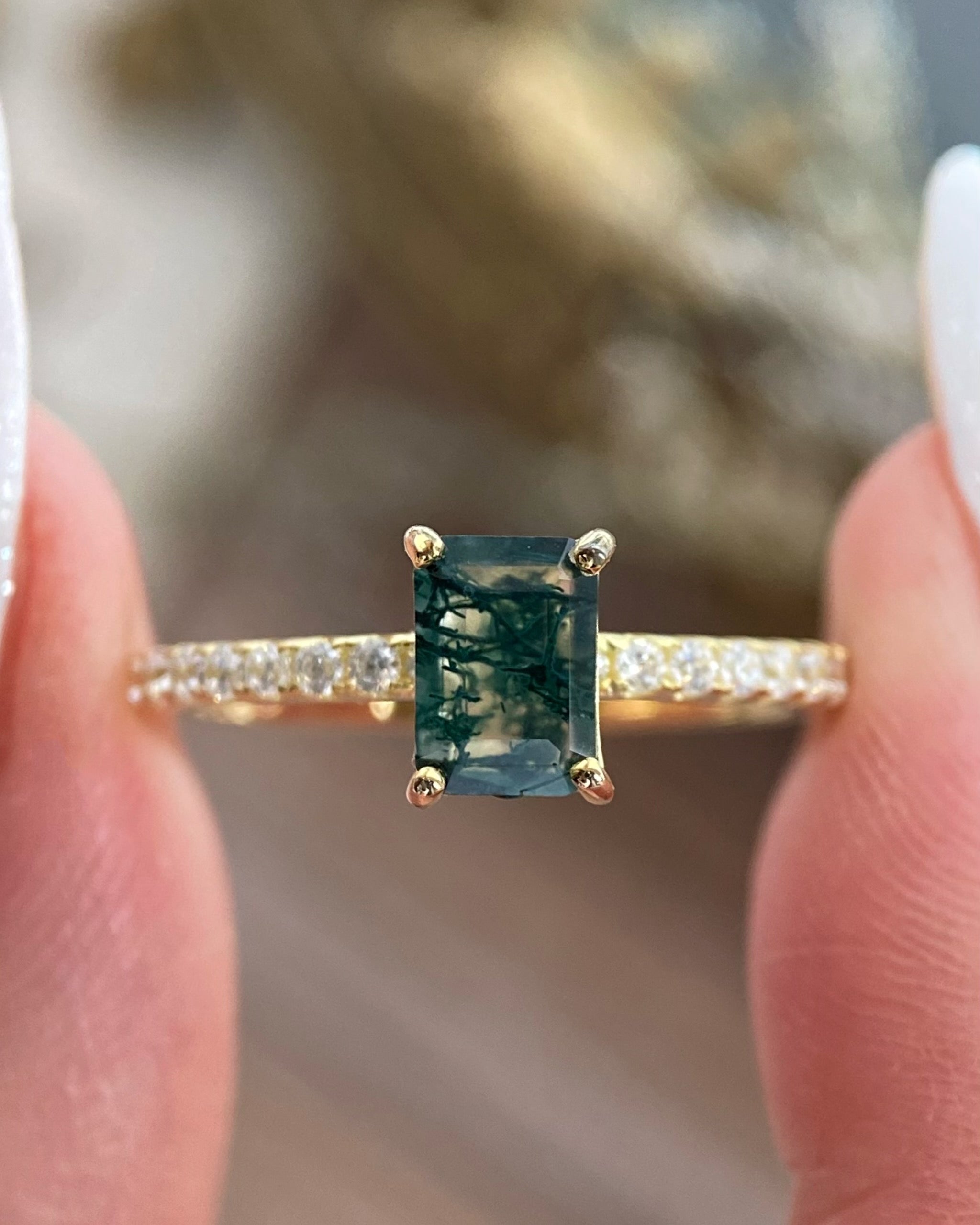【Laguna】Unique Handmade Natural Moss Agate Engagement Ring 1ct Emerald Cut