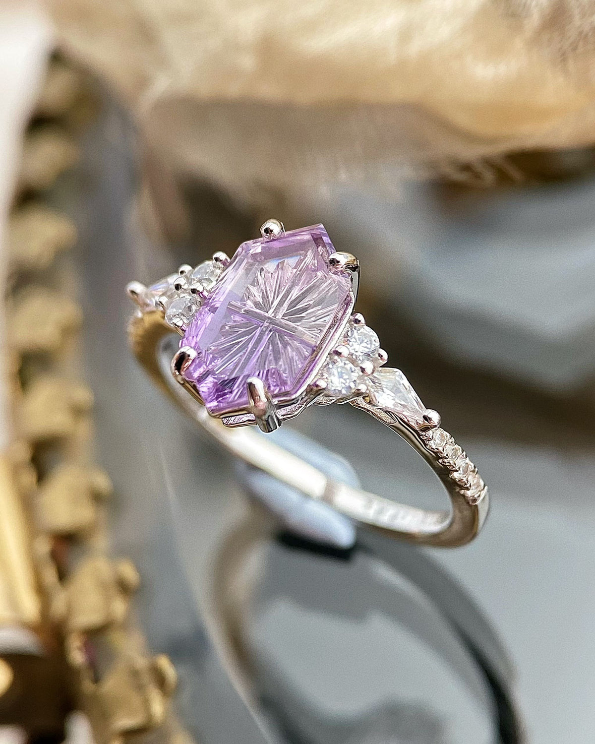 Amymone | Hexagon Natural Bicolor Amethyst Fantasy Cut Alternative Engagement Ring
