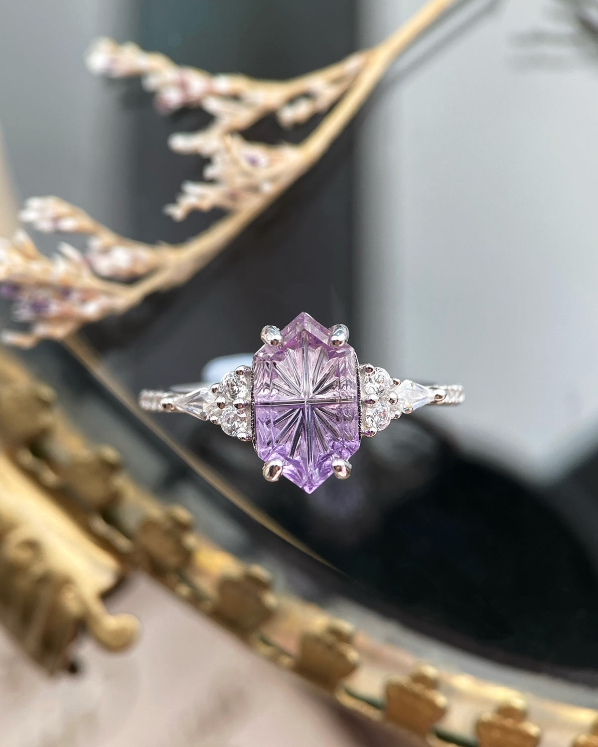 Amymone | Hexagon Natural Bicolor Amethyst Fantasy Cut Alternative Engagement Ring