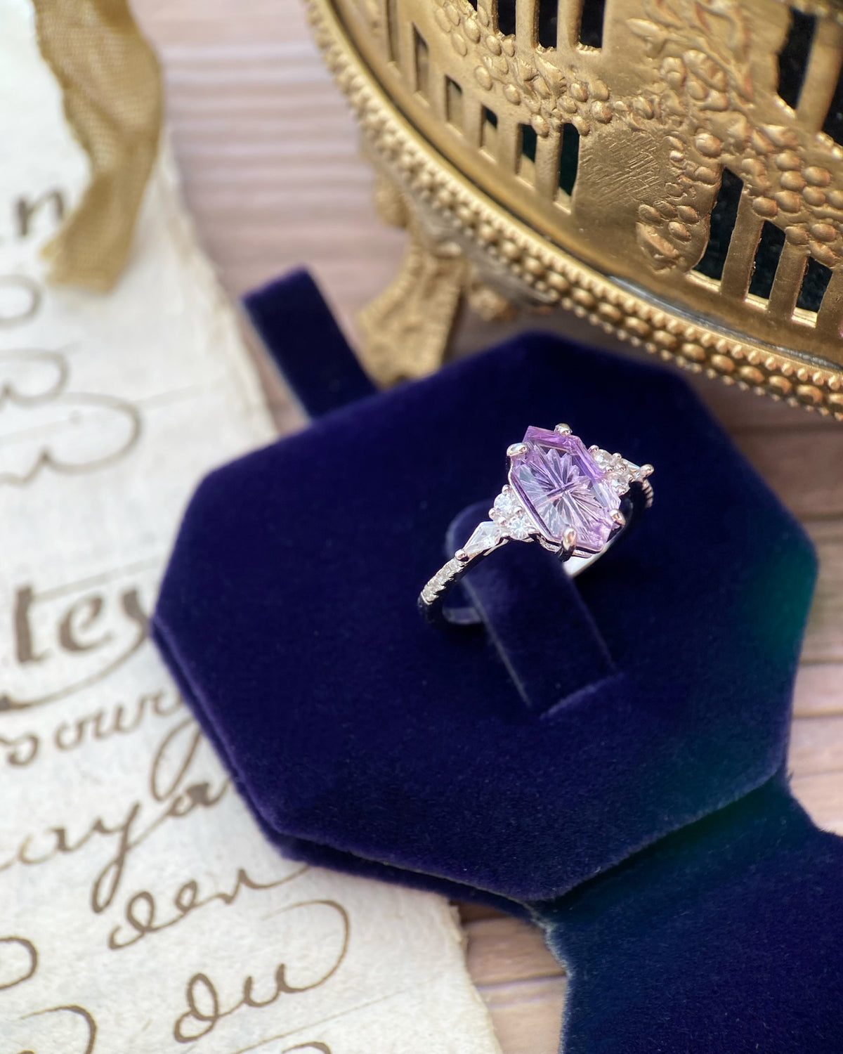 Amymone | Hexagon Natural Bicolor Amethyst Fantasy Cut Alternative Engagement Ring