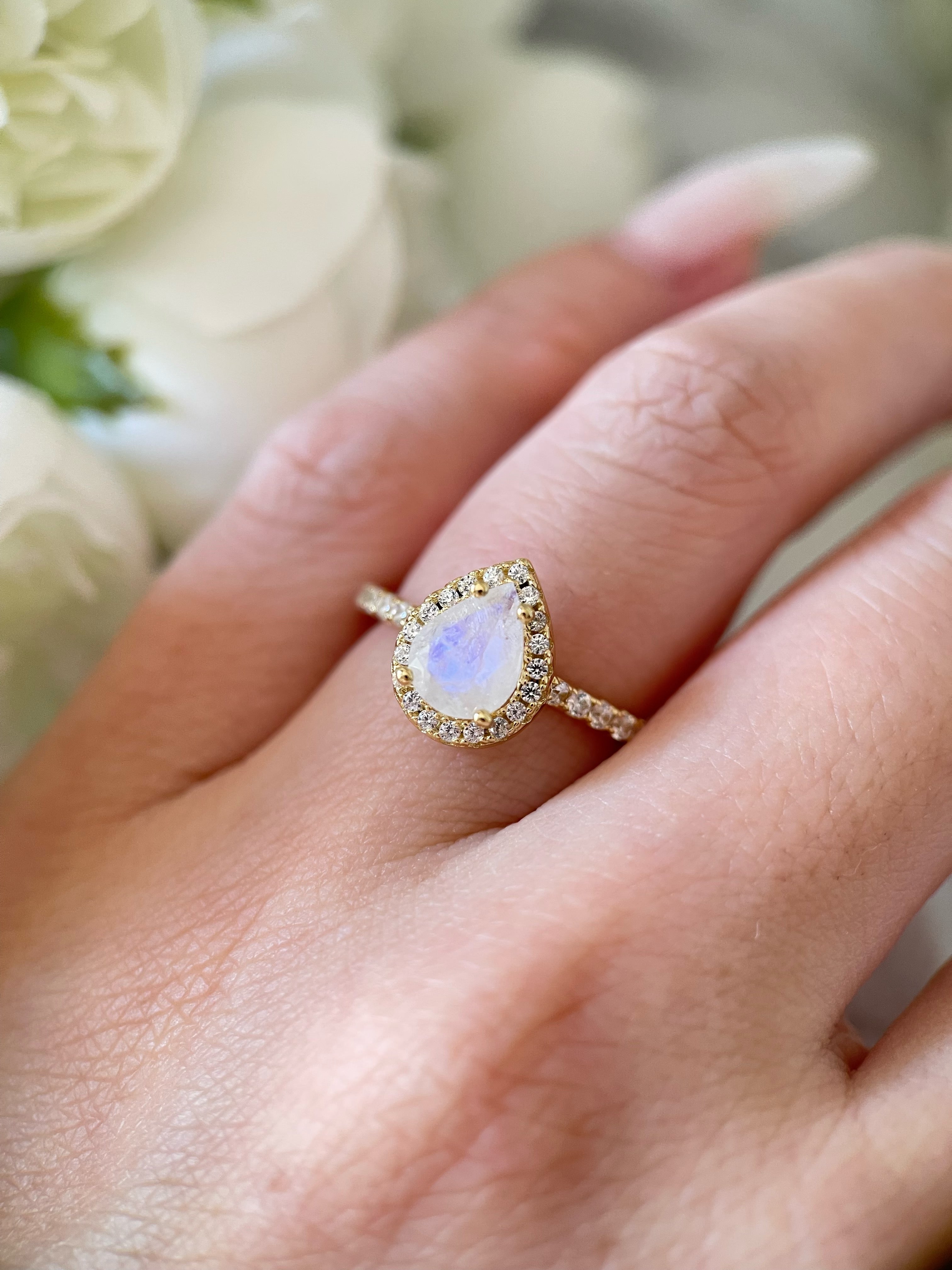 【Moonlit】Unique Handmade Natural Blue Moonstone Engagement Ring 0.8ct Pear Cut