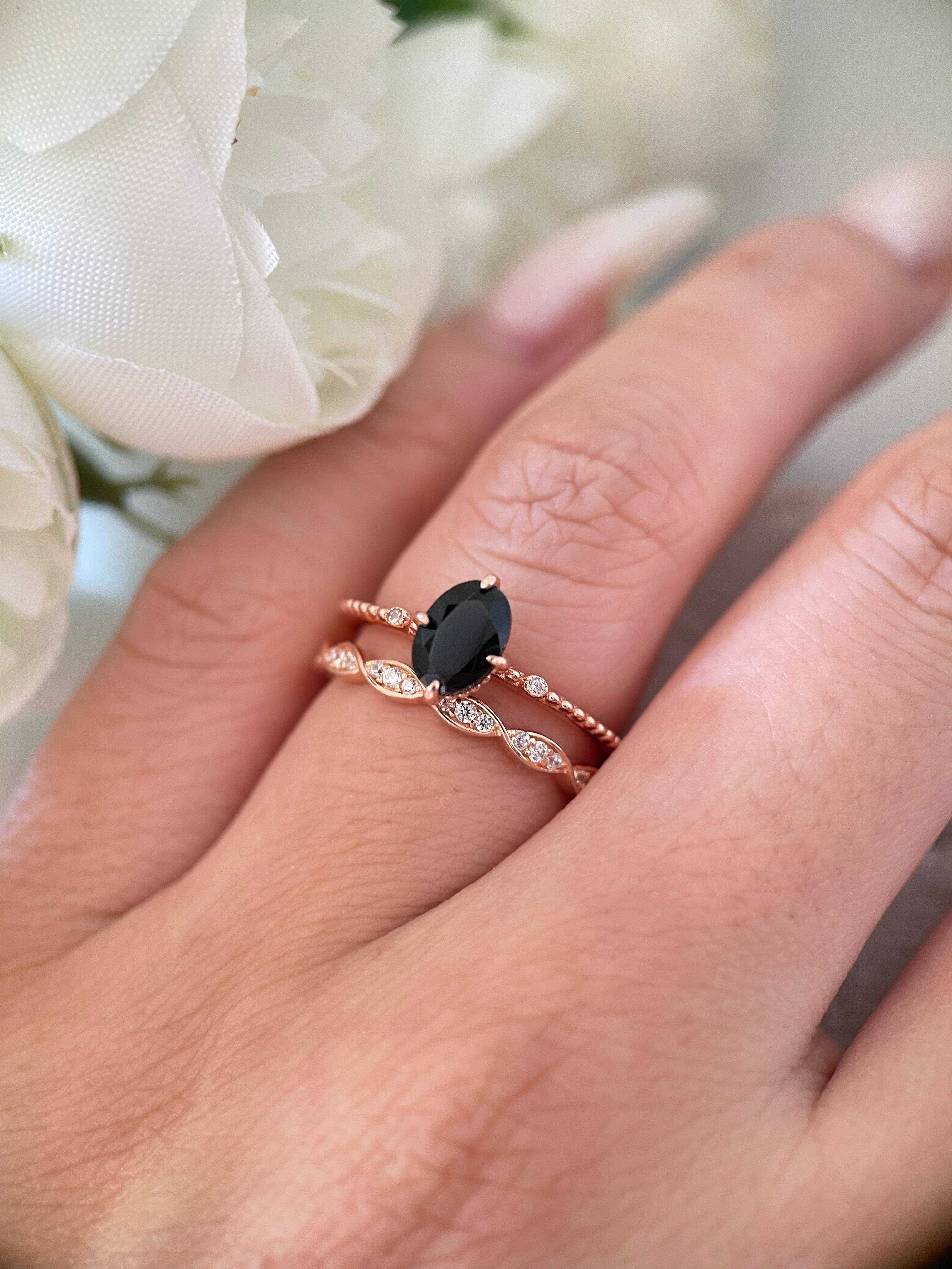 【Elysian Set】Handmade Natural Black Onyx Engagement Ring Set 2pcs 0.75ct Oval Cut
