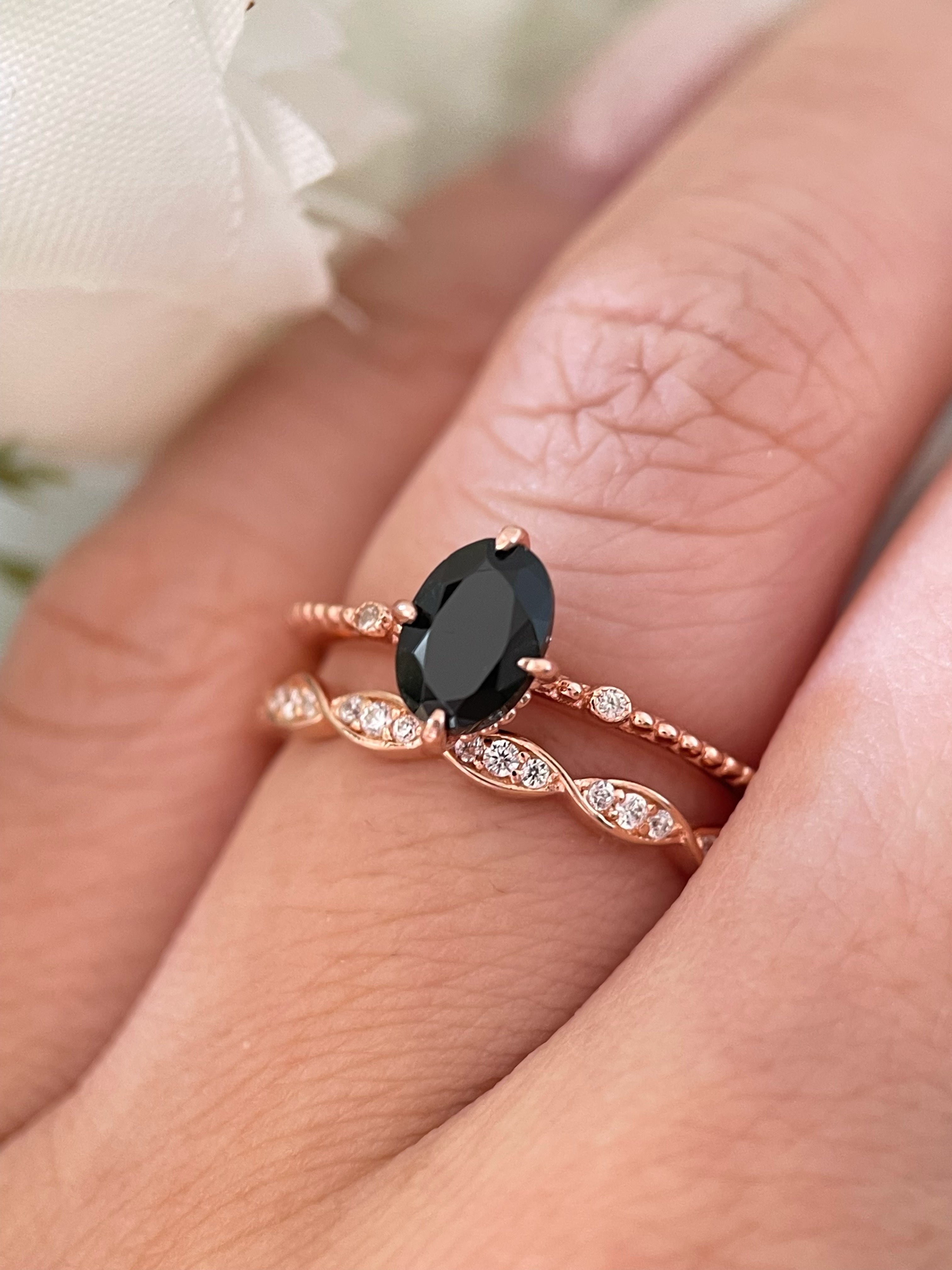 【Elysian Set】Handmade Natural Black Onyx Engagement Ring Set 2pcs 0.75ct Oval Cut