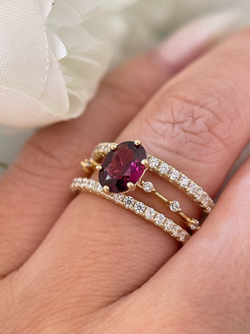 【Passion Set】Unique Handmade Natural Rhodolite Garnet Engagement Ring Set 3pcs 1.5ct Oval Cut
