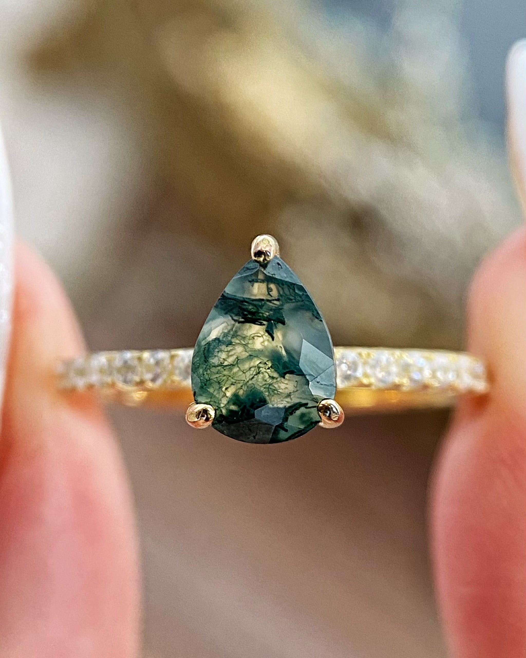 【Naiad】Unique Handmade Natural Moss Agate Engagement Ring 0.8ct Pear Cut