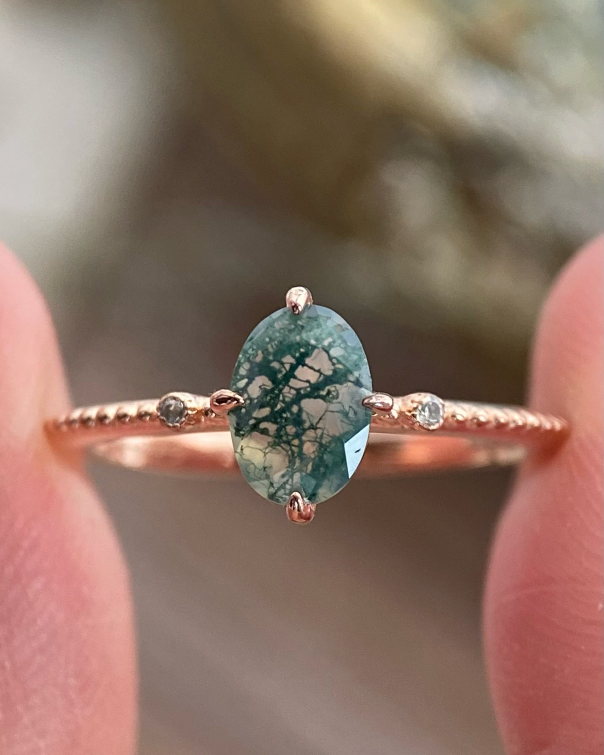 【Veridian】Unique Handmade Natural Moss Agate Engagement Ring 3ct Oval Cut