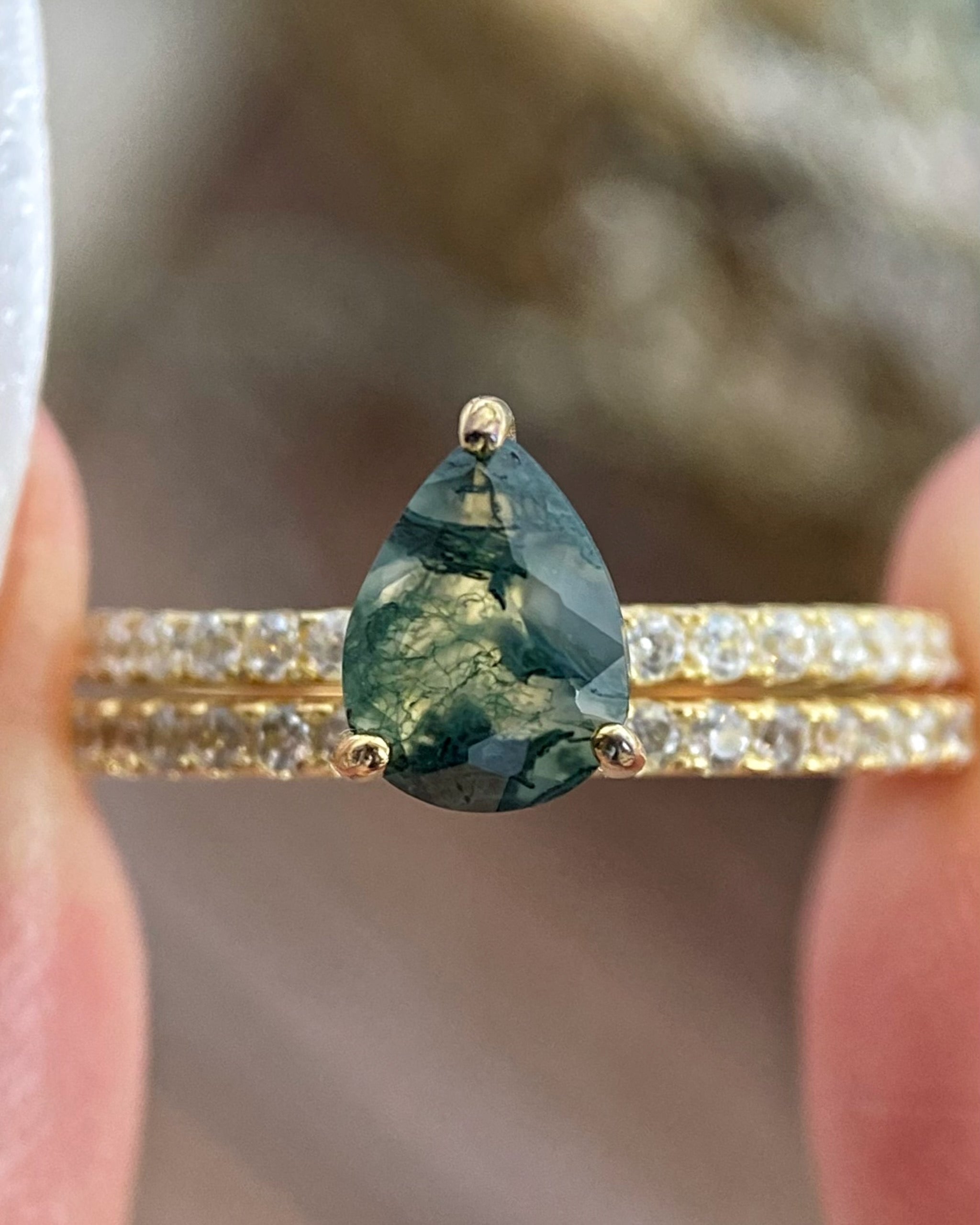 【Naiad Set】Unique Handmade Natural Moss Agate Engagement Ring Set 2pcs 0.8ct Pear Shape