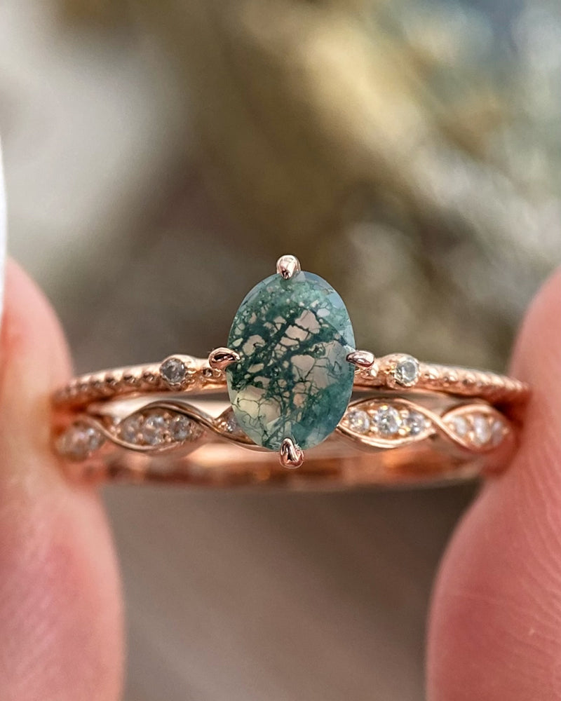 Veridian set | Unique Handmade Natural Moss Agate Engagement Ring Set 2pcs 3ct Oval Cut