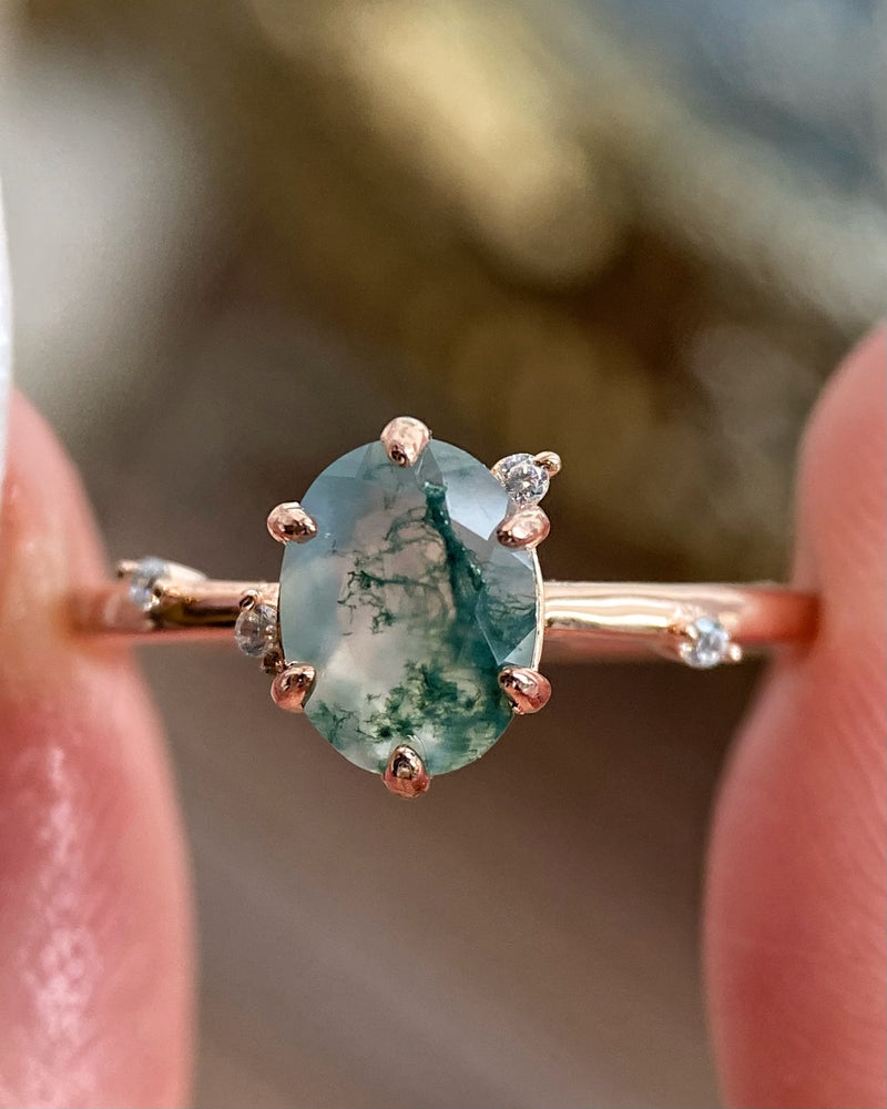 【Arbor】Unique Handmade Natural Moss Agate Engagement Ring 1.5ct Oval Cut