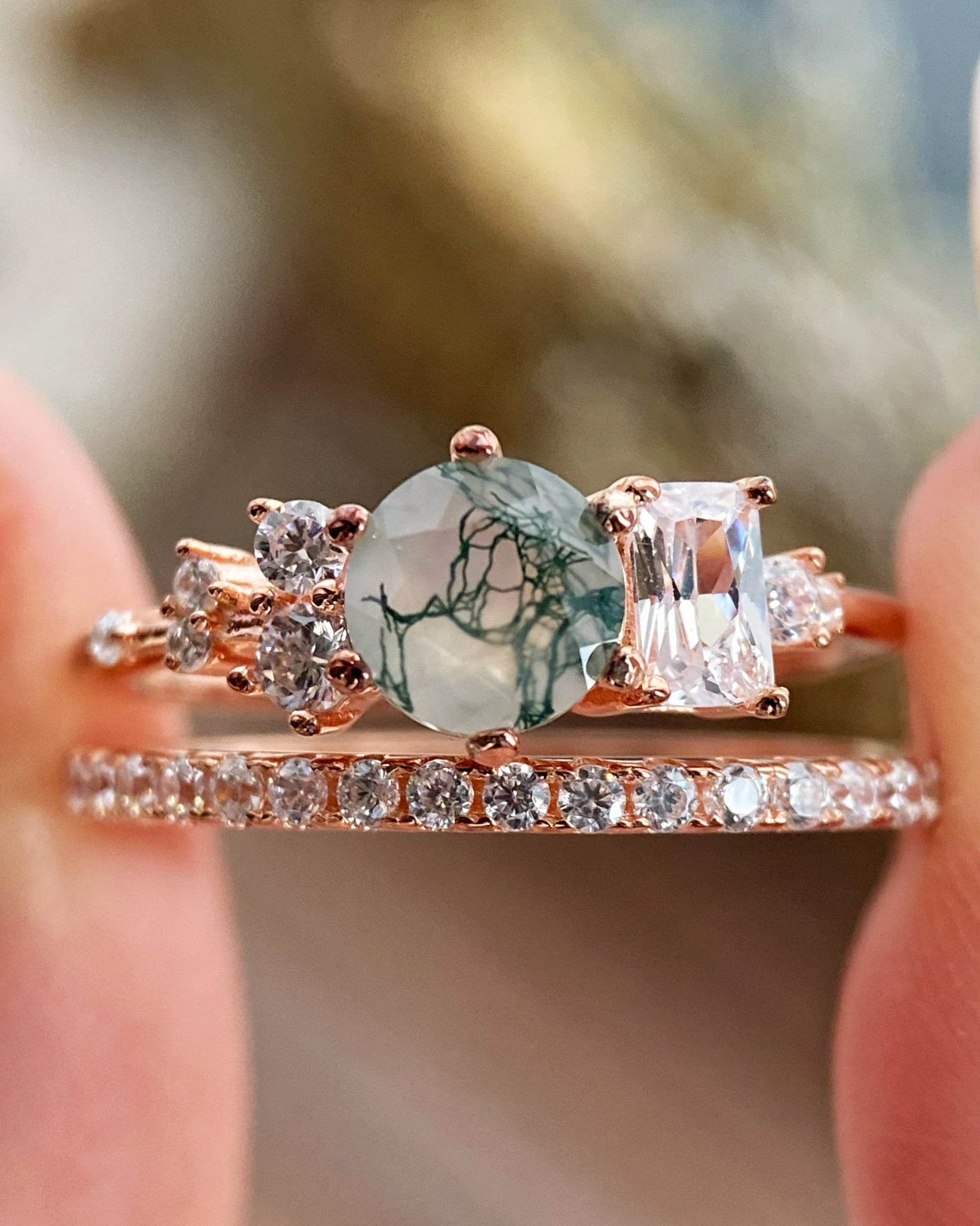 【Veridia Cascade Set】Unique Handmade Natural Moss Agate Engagement Ring Set 2pcs 0.8ct Round Cut