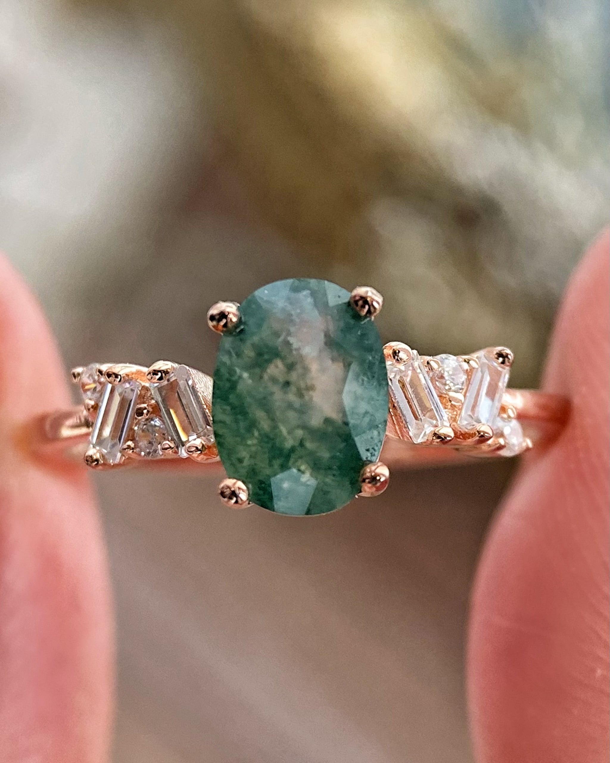 【Sylvan Whisper】Unique Handmade Natural Moss Agate Engagement Ring 1.5ct Oval Cut