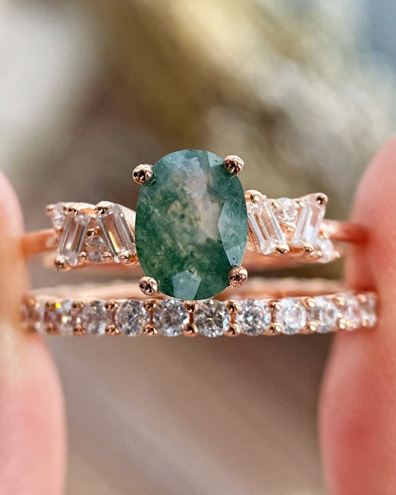 【Sylvan Whisper Set】Unique Handmade Natural Moss Agate Engagement Ring Set 2pcs 1.5ct Oval Cut