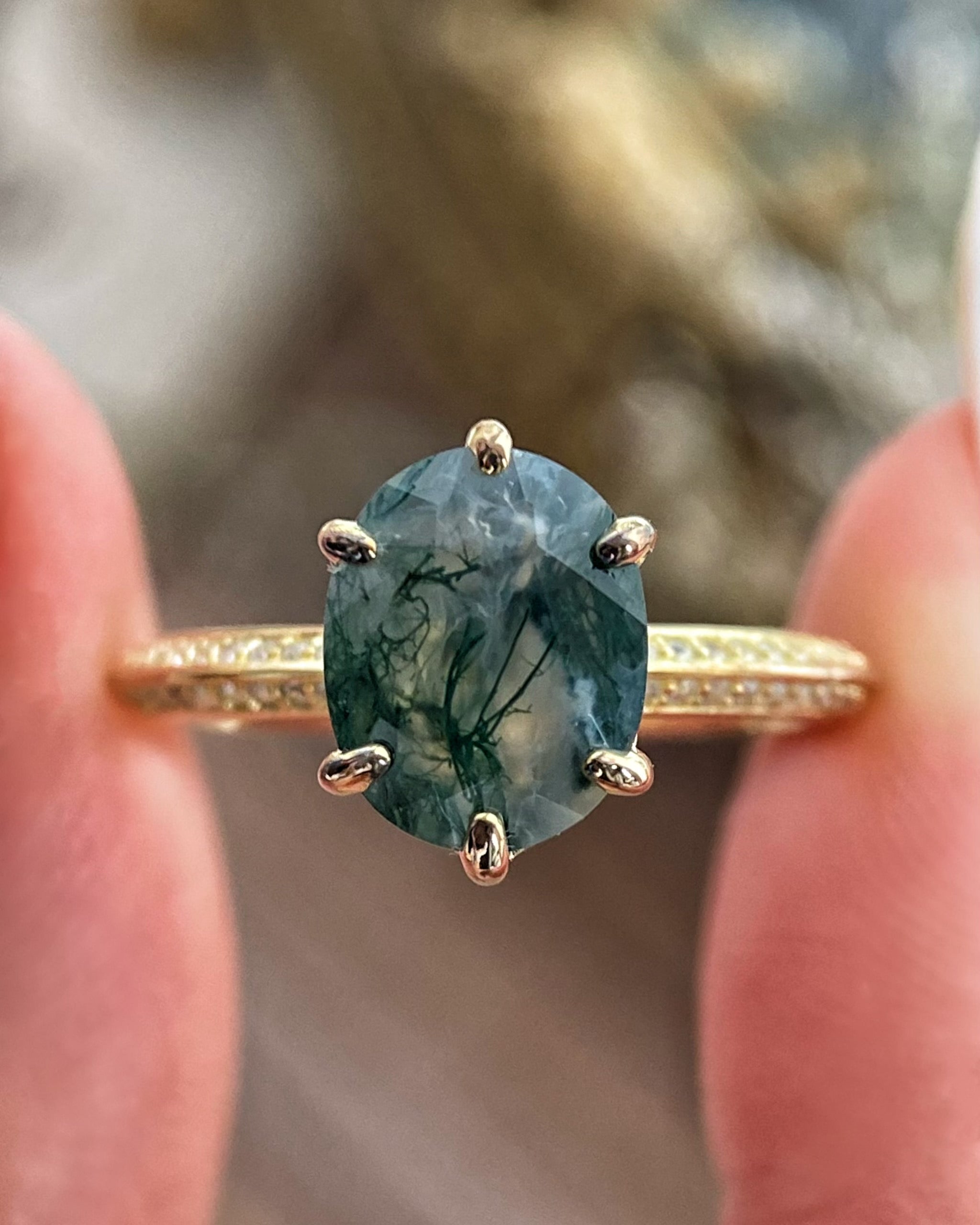 【Mysterium】Unique Handmade Natural Moss Agate Engagement Ring 3ct Oval Cut