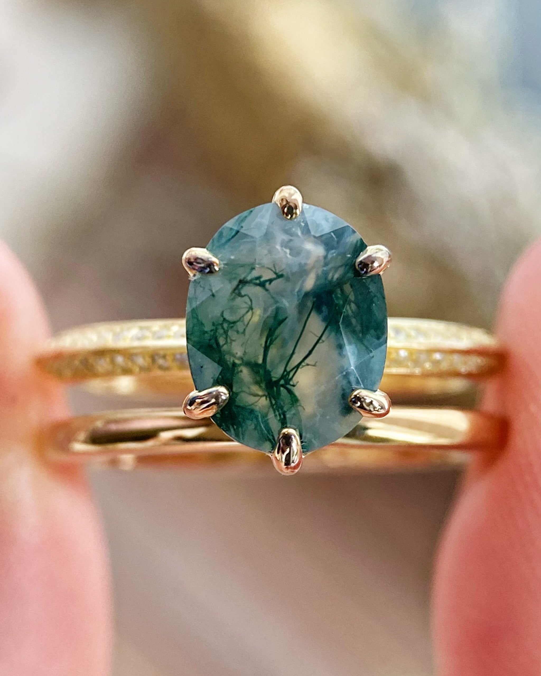 【Mysterium Set】Unique Handmade Natural Moss Agate Engagement Ring Set 2pcs 3ct Oval Cut