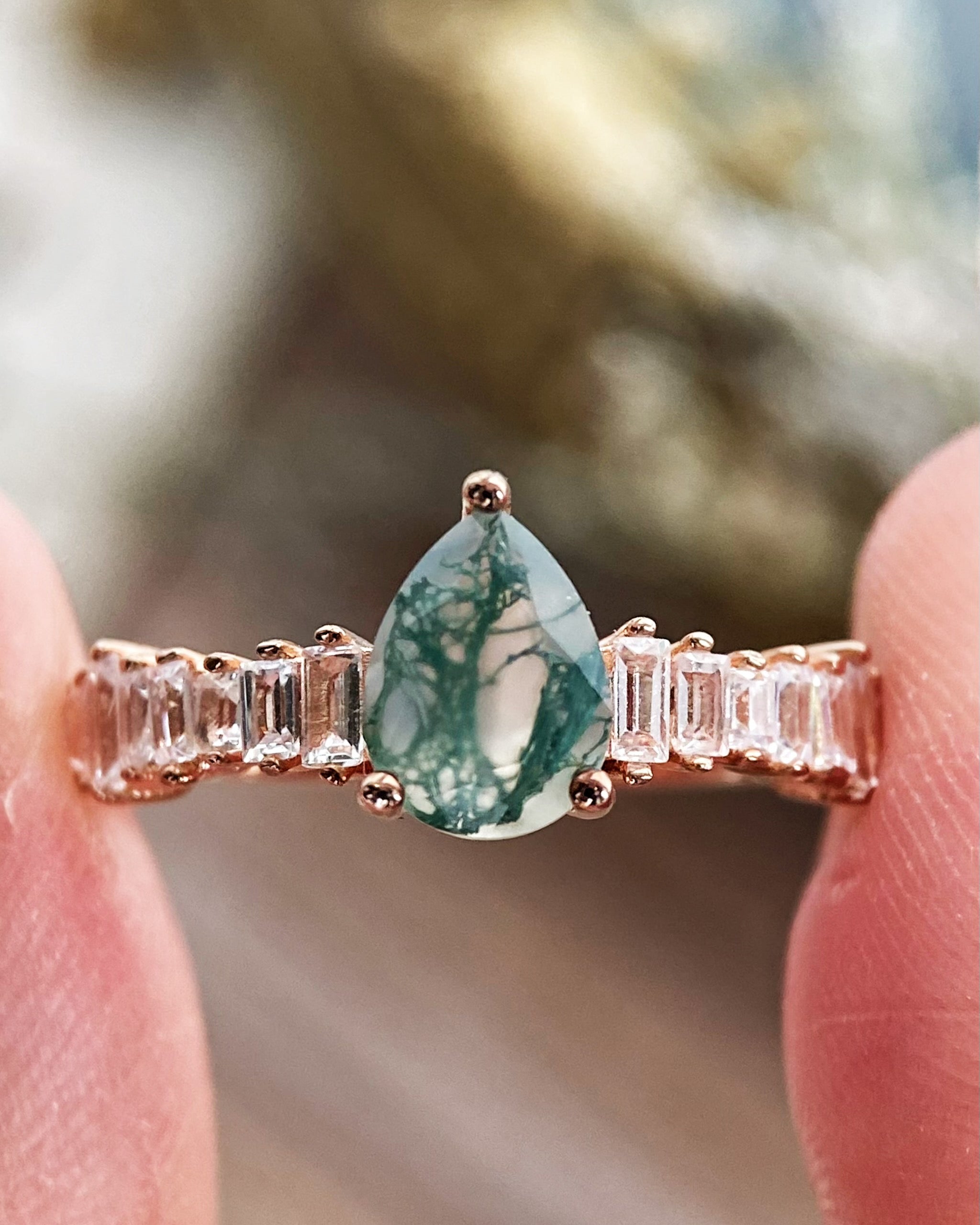 【Dewdrop Canopy】Unique Handmade Natural Moss Agate Engagement Ring 0.8ct Pear Shape
