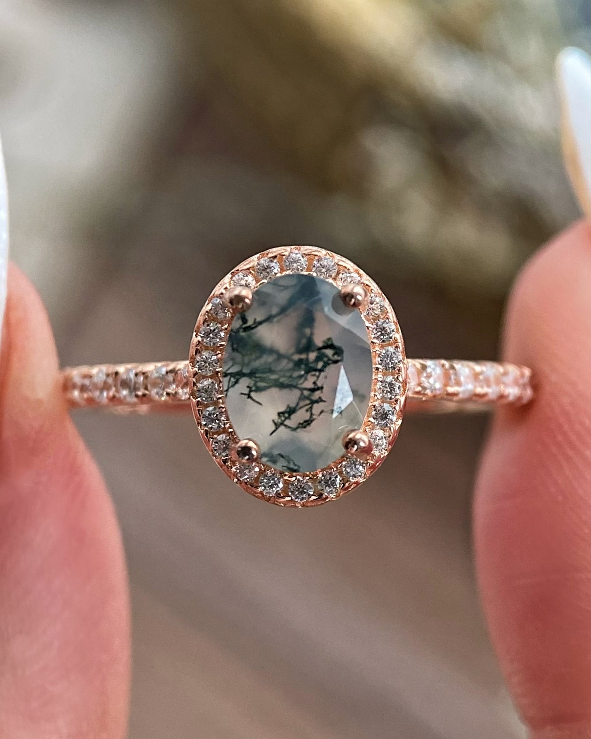 【Enchanted Grove】Unique Handmade Natural Moss Agate Engagement Ring 1.5ct Oval Cut