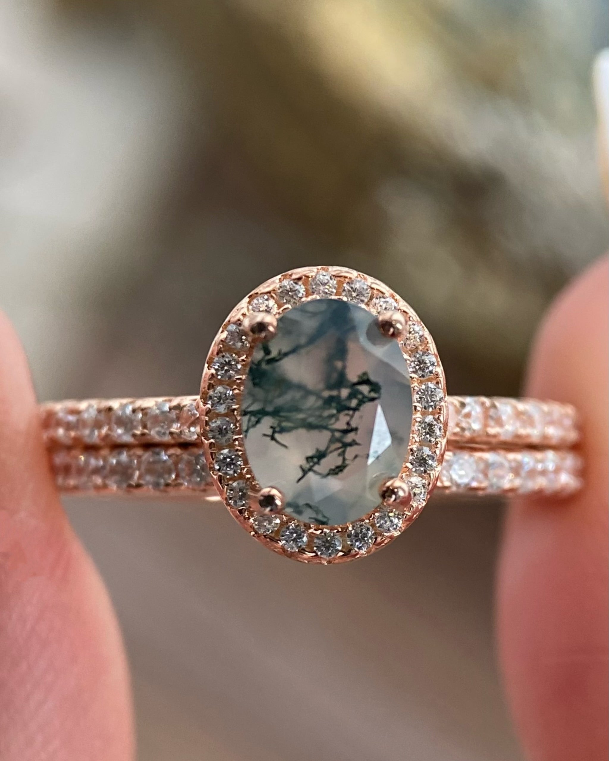 【Ensemble Enchanted Grovec】Ensemble unique de bagues de fiançailles en agate mousse naturelle faite à la main, 2 pièces, 1,5 ct, forme ovale