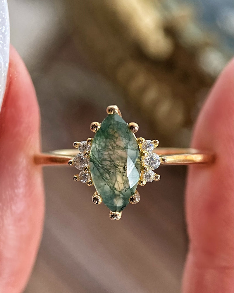 【CASSIOPEIA】Unique Handmade Natural Moss Agate Engagement Ring Marquise Cut 1ct