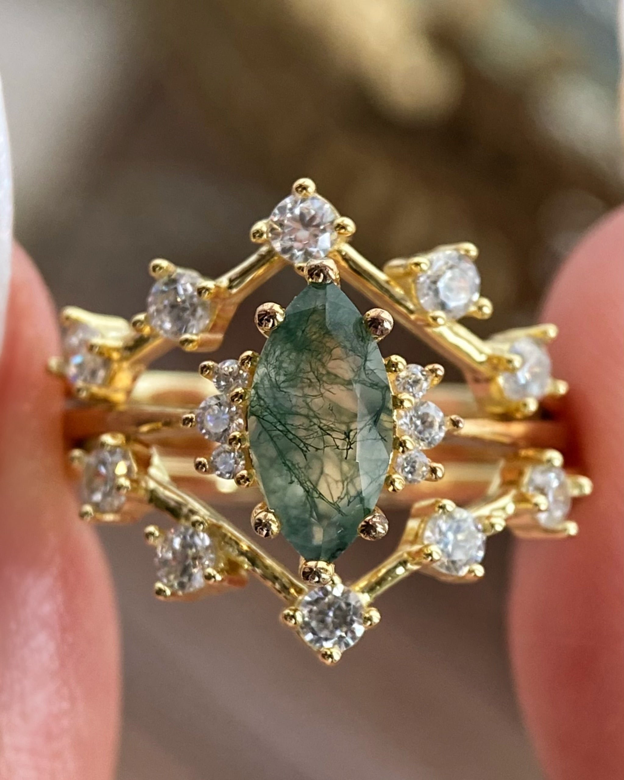 【CASSIOPEIA SET】Unique Handmade Natural Moss Agate Engagement Ring Set 3pcs Marquise Cut 1ct
