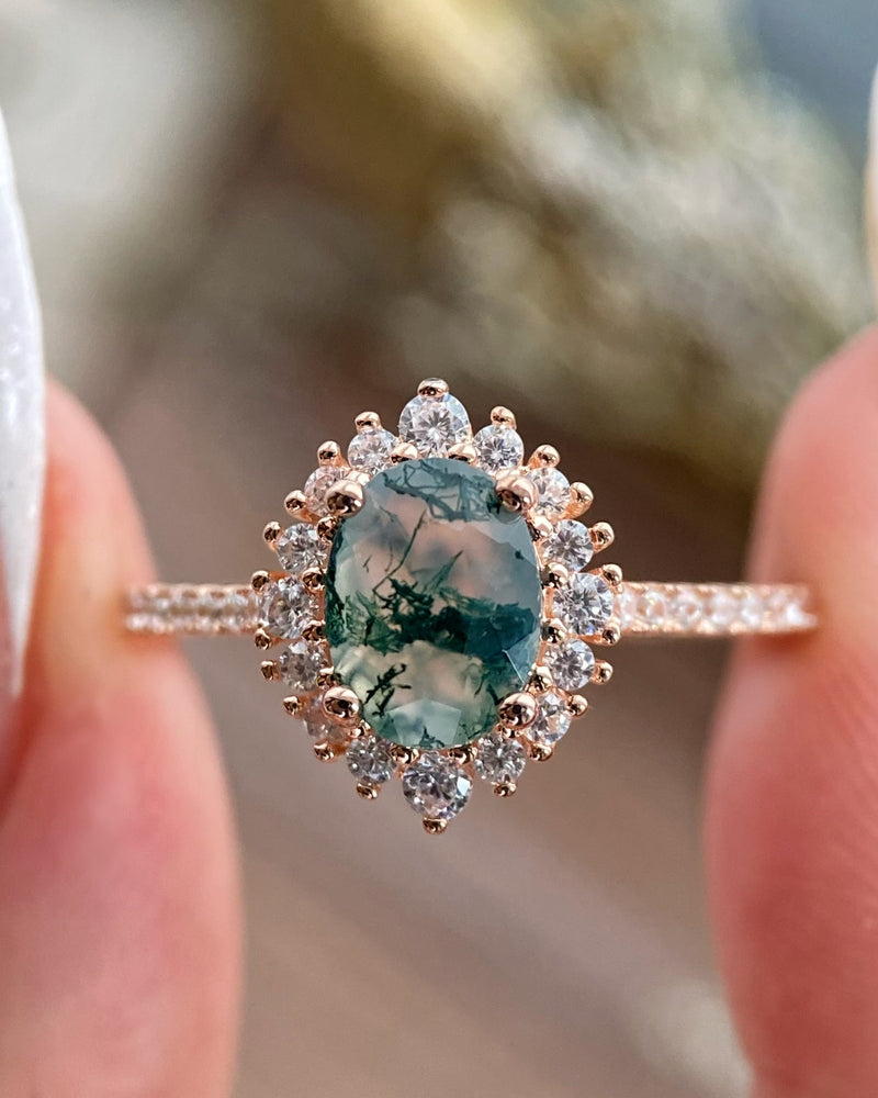 【Solara】Unique Handmade Natural Moss Agate Engagement Ring 1.5ct Oval Cut