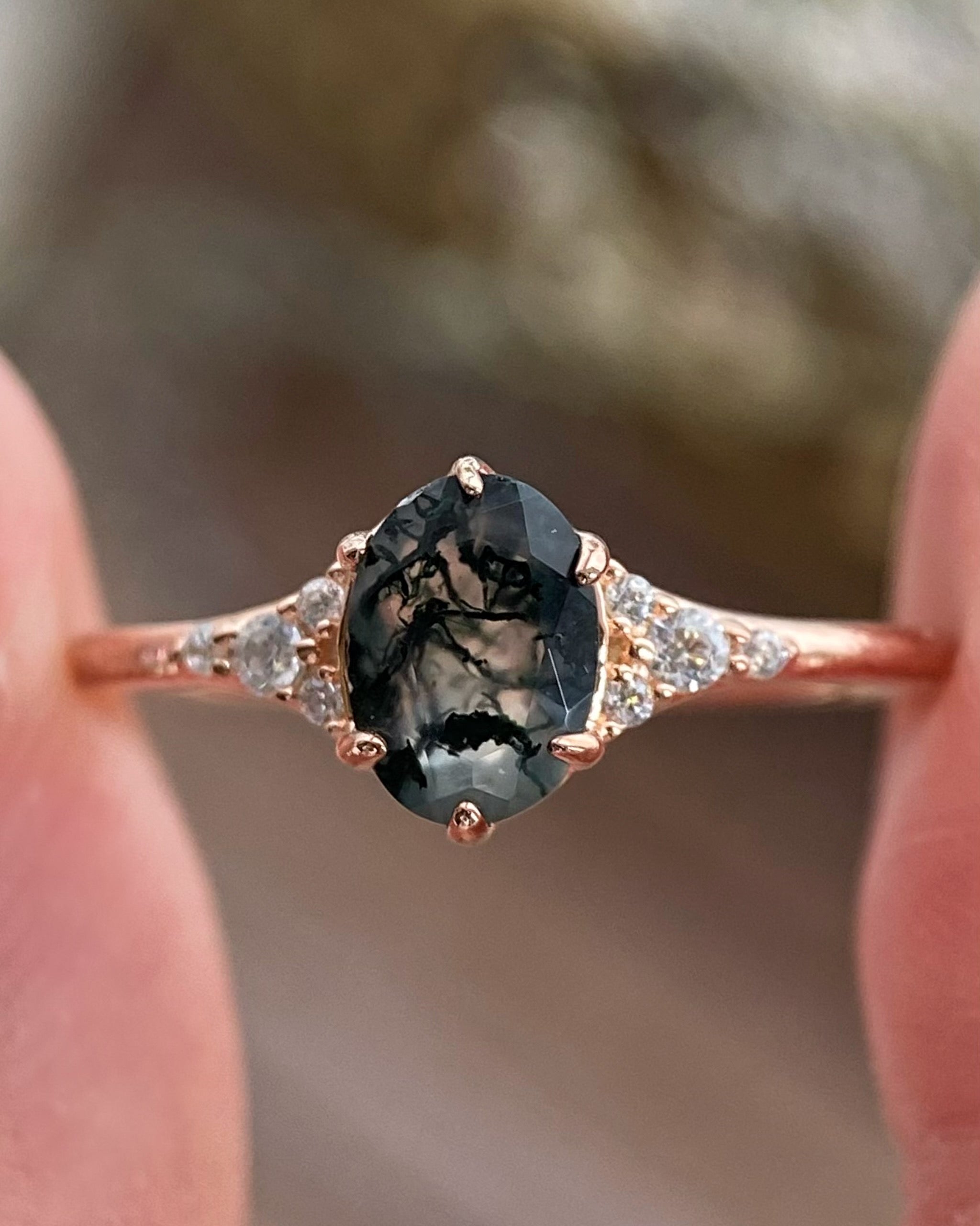 【Aetheria】Unique Handmade Natural Moss Agate Engagement Ring 0.75ct Oval Cut