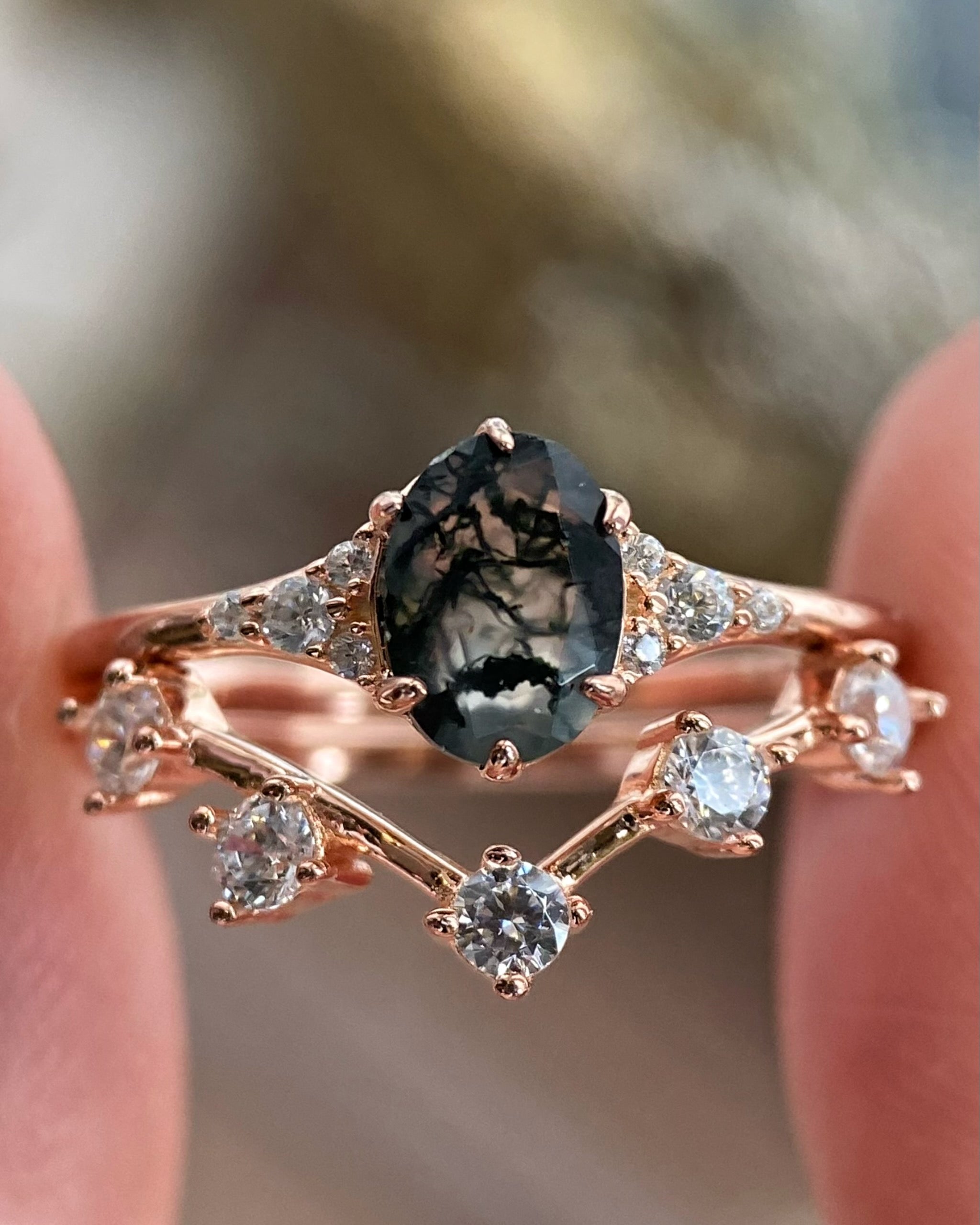【Ensemble Aetheria】 Ensemble de bagues de fiançailles uniques en agate de mousse naturelle faite à la main, 2 pièces de forme ovale de 0,75 ct