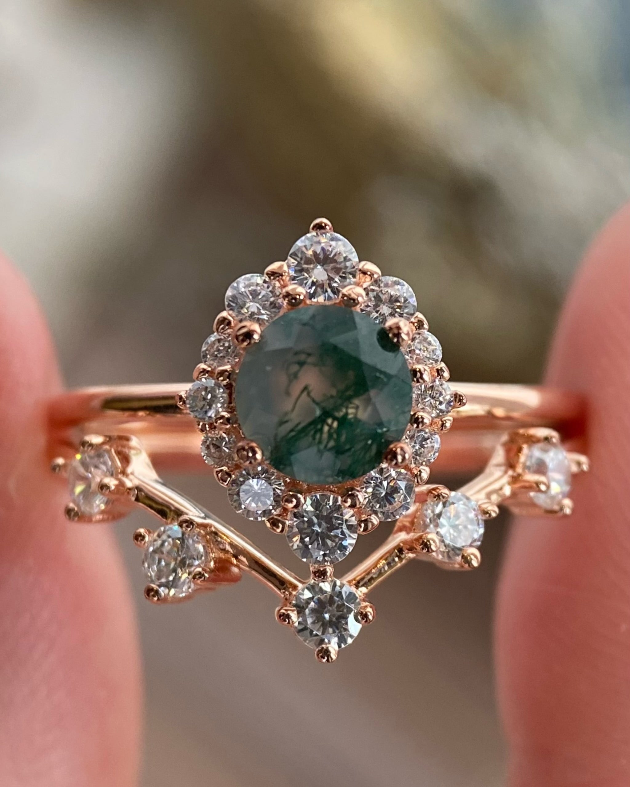 【Sylvana Set】Unique Handmade Natural Moss Agate Engagement Ring Set 2pcs 0.8ct Round Cut