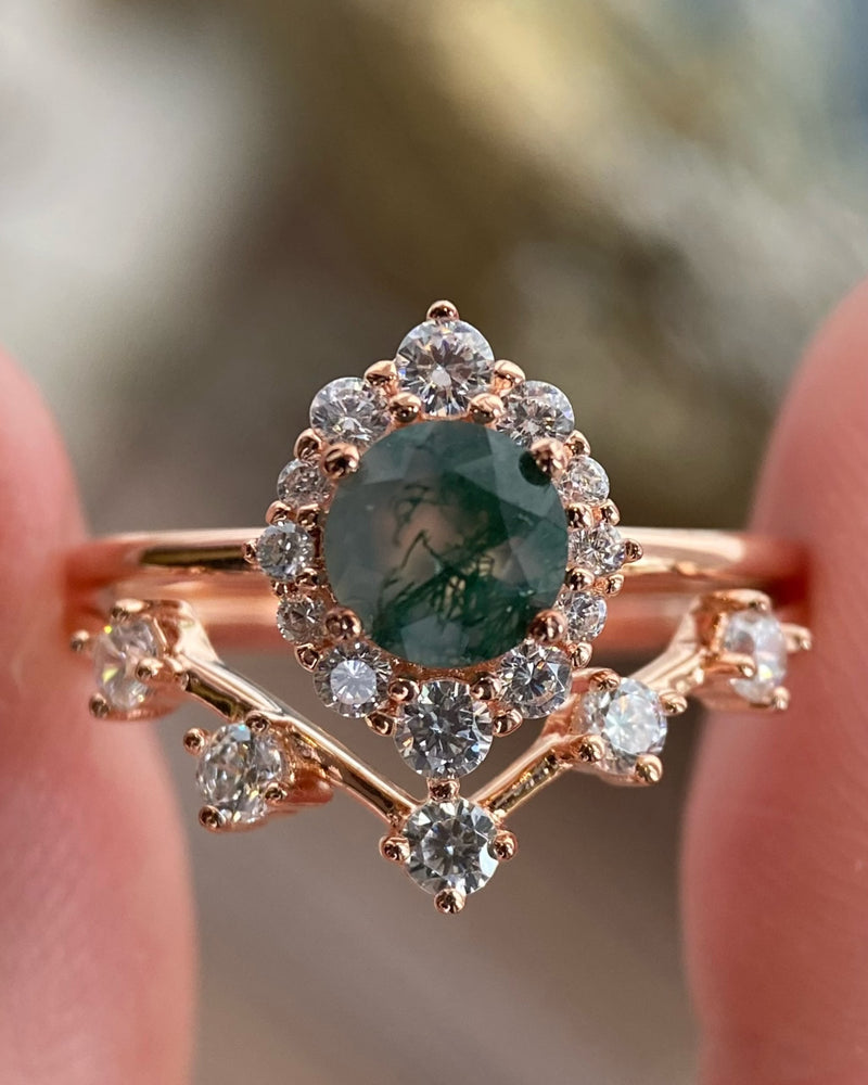 【Sylvana Set】Unique Handmade Natural Moss Agate Engagement Ring Set 2pcs 0.8ct Round Cut