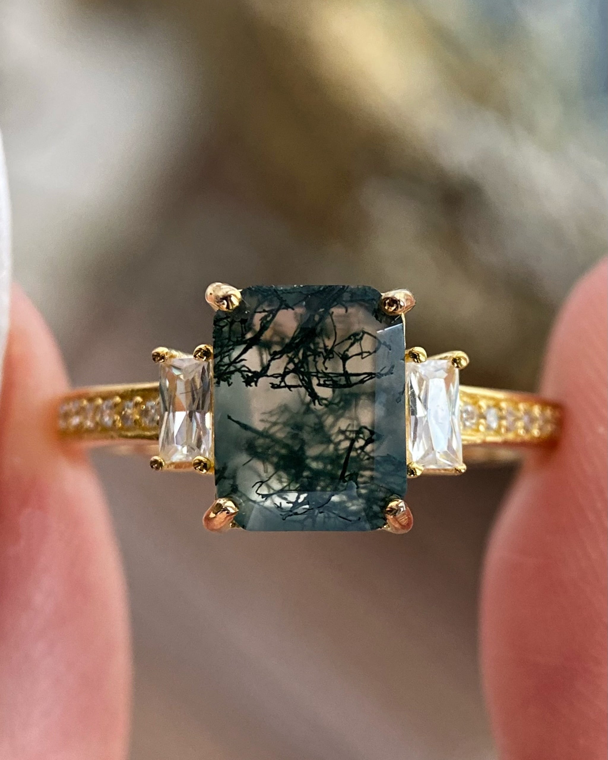 【Callista】Unique Handmade Natural Moss Agate Engagement Ring 2.5ct Emerald Cut