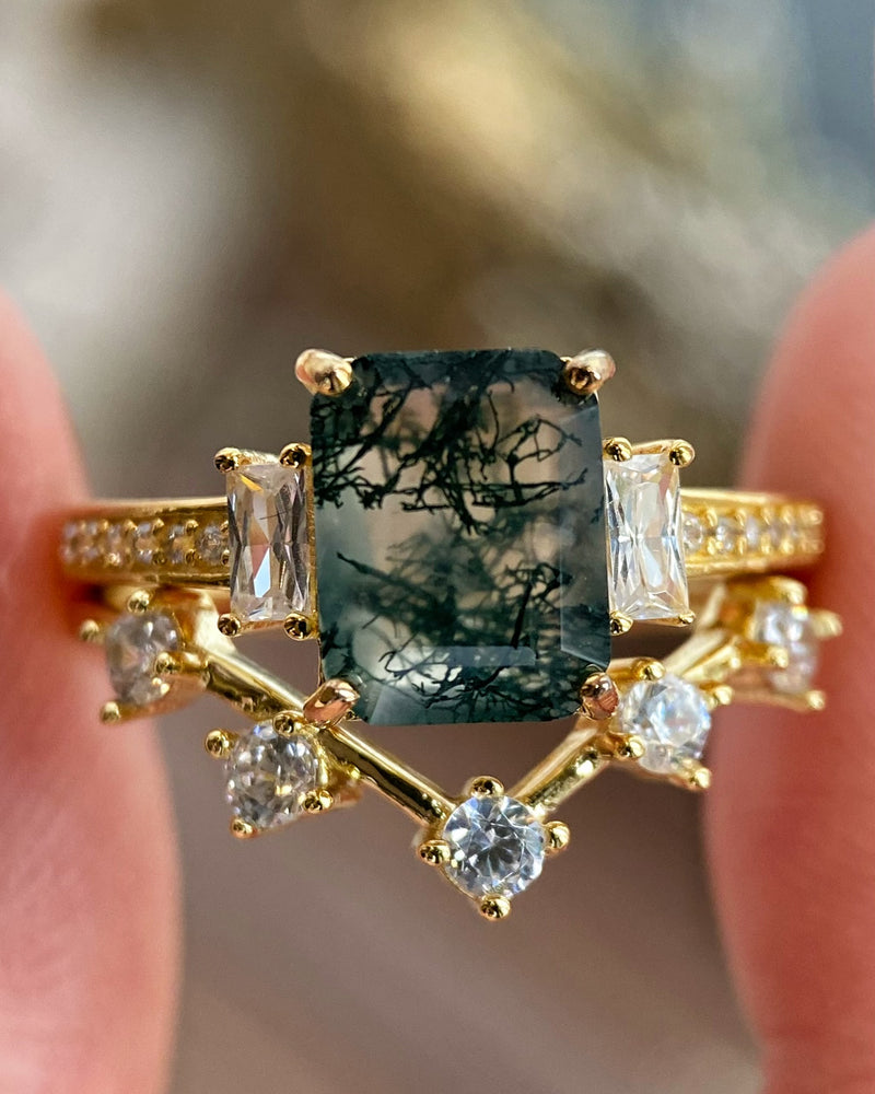 【Callista Set】Unique Handmade Natural Moss Agate Engagement Ring Set 2pcs 2.5ct Emerald Cut