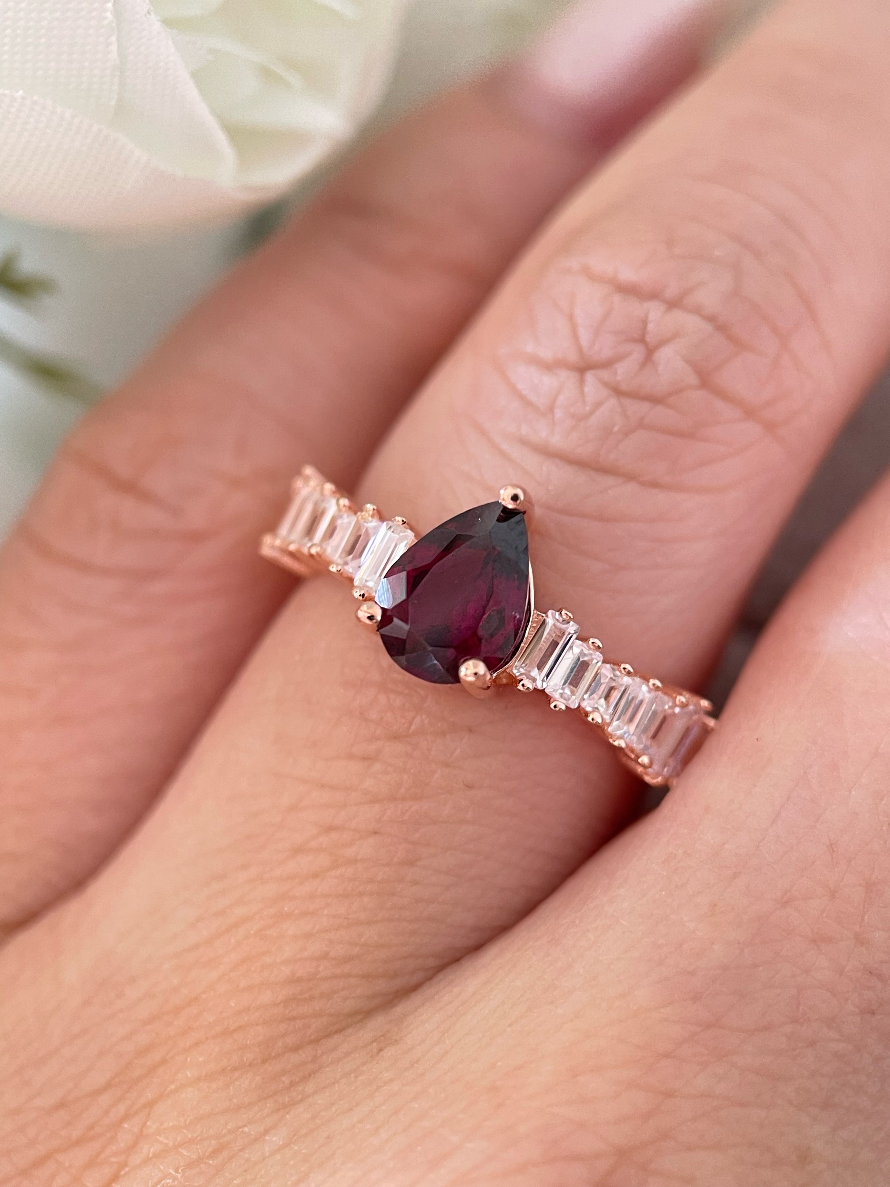 【Rubra Symphony】Unique Handmade Natural Rhodolite Garnet Engagement Ring 0.8ct Pear Cut