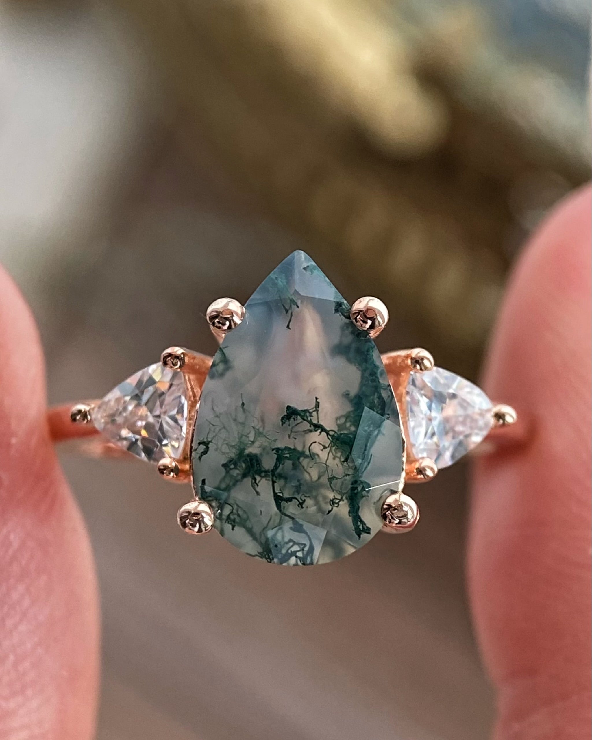 【HAZEL】Unique Handmade Natural Moss Agate Engagement Ring 3ct Pear Shape