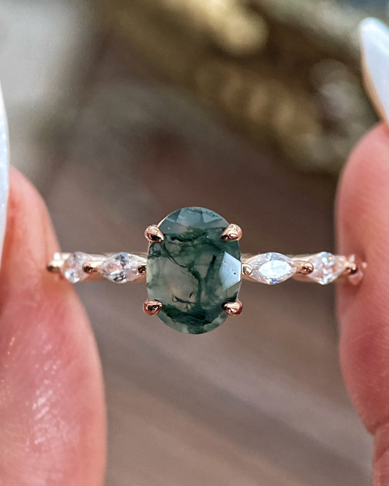 【Greenwood】Unique Handmade Natural Moss Agate Engagement Ring 1.5ct Oval Cut