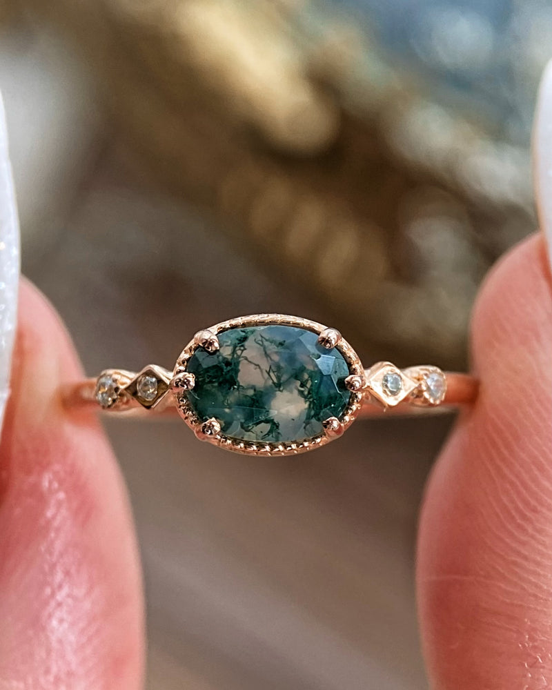 【The Still Pond】Unique Handmade Natural Moss Agate Engagement Ring 0.75ct Oval Cut