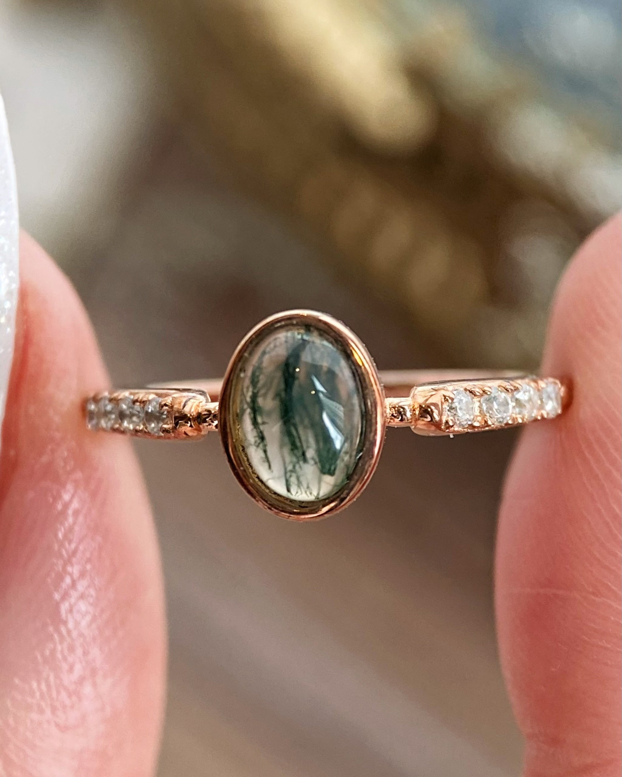 【Mossward】Unique Handmade Natural Moss Agate Engagement Ring 0.8ct Oval Cut