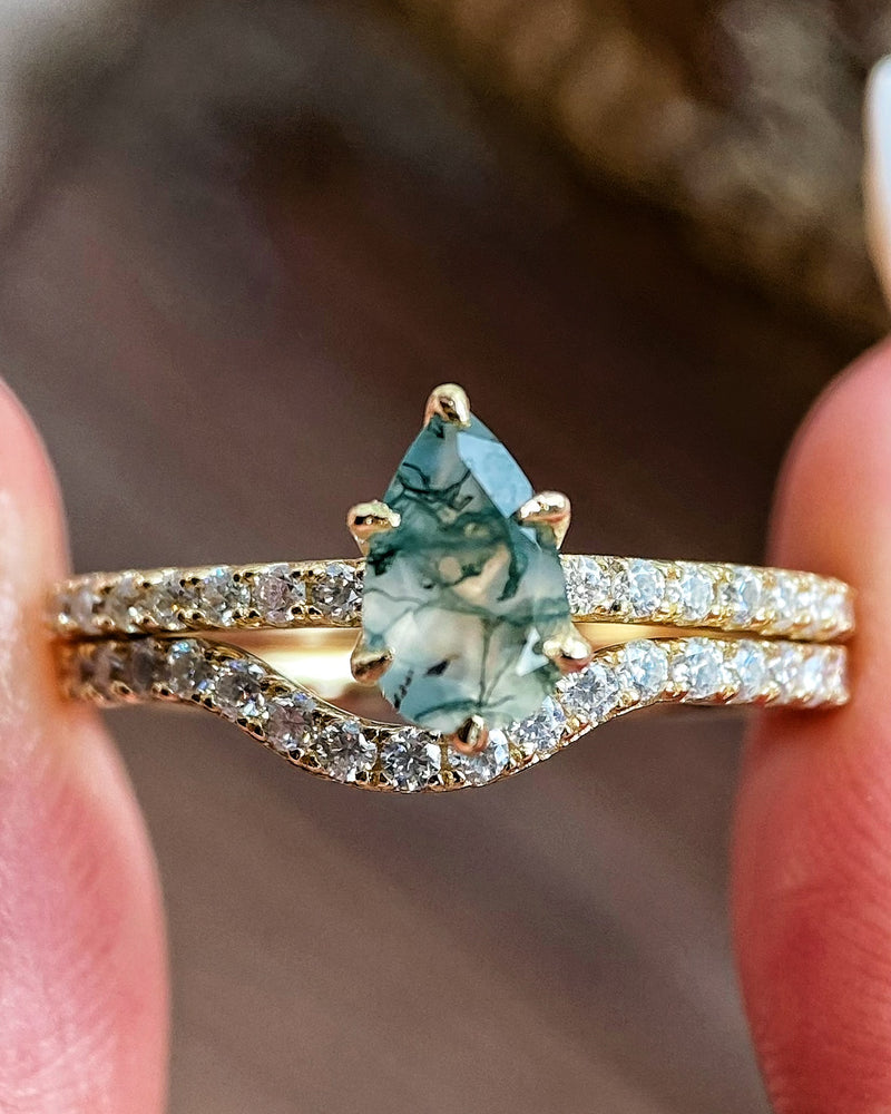 【Sylvan Covenant】Ensemble de 2 bagues de fiançailles uniques, faites à la main, en agate mousse naturelle de 0,7 ct, forme poire