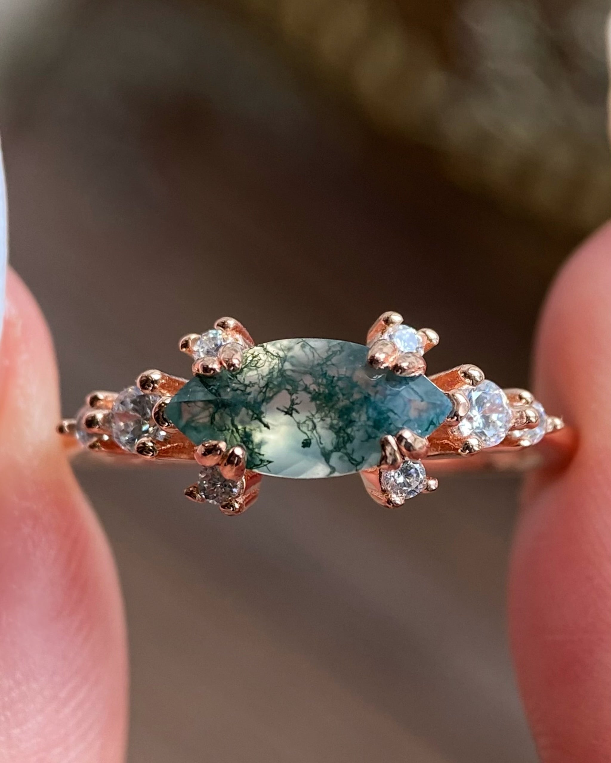 【Meridian】Unique Handmade Natural Moss Agate Engagement Ring  1ct Marquise Cut