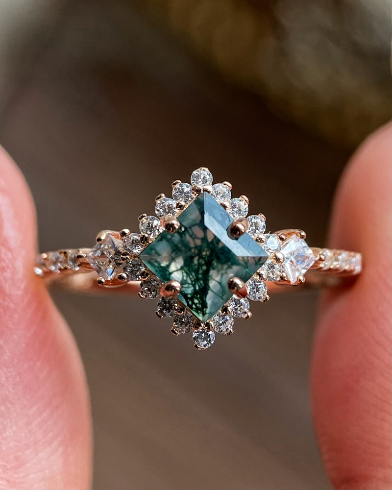 【RHIANNON】Unique Handmade Natural Moss Agate Engagement Ring Princess Cut 0.75ct