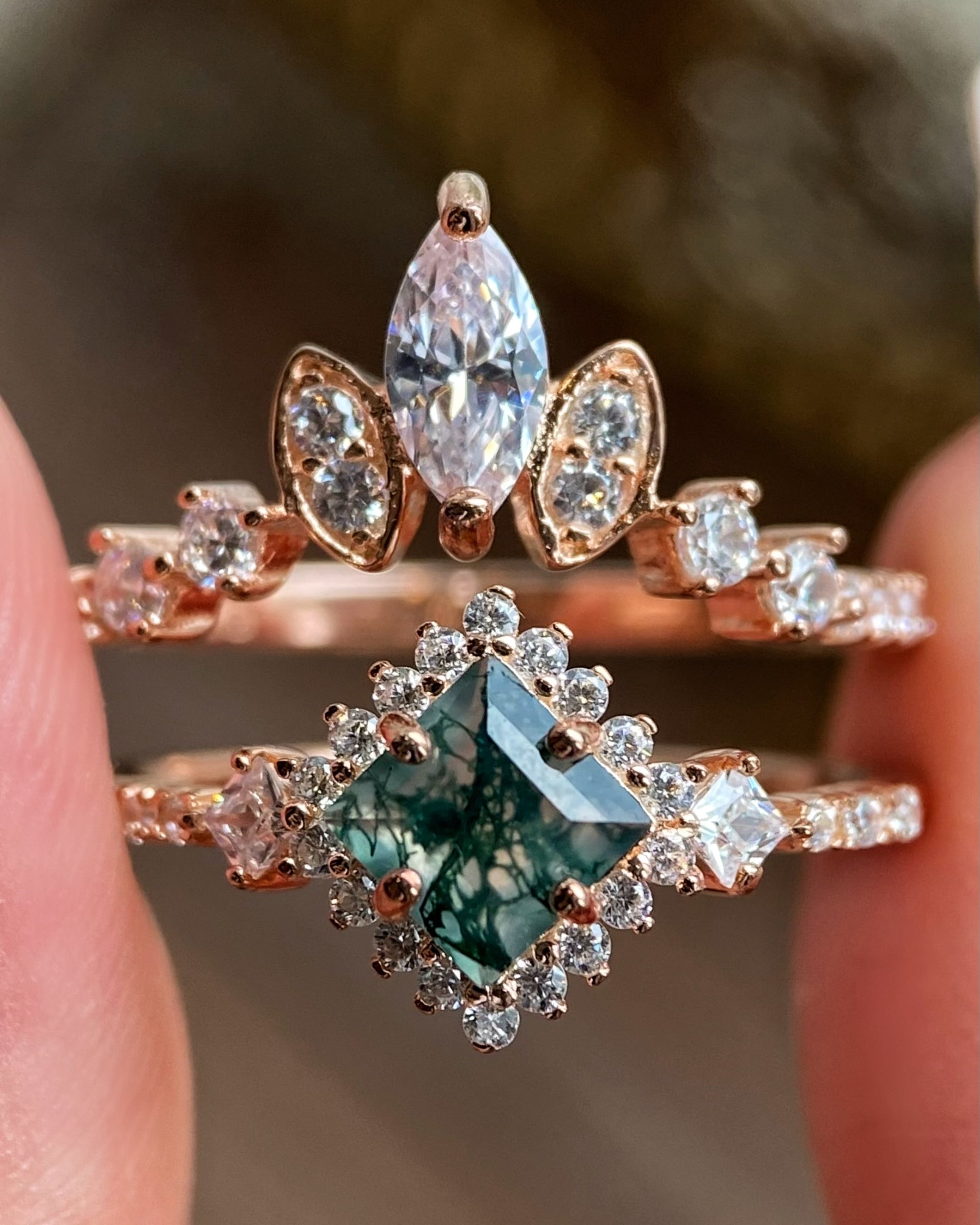 【RHIANNON SET】Unique Handmade Natural Moss Agate Engagement Ring Set 2pcs Princess Cut 0.75ct