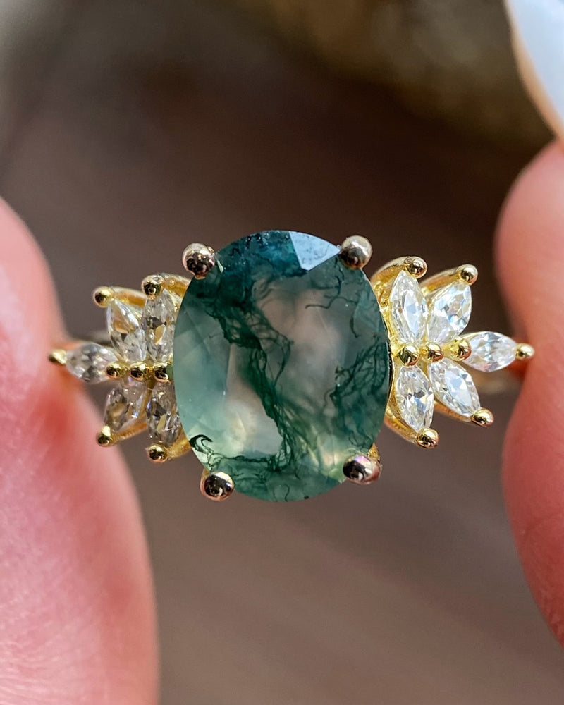 【SIERR】Unique Handmade Natural Moss Agate Engagement Ring Oval Cut 3c