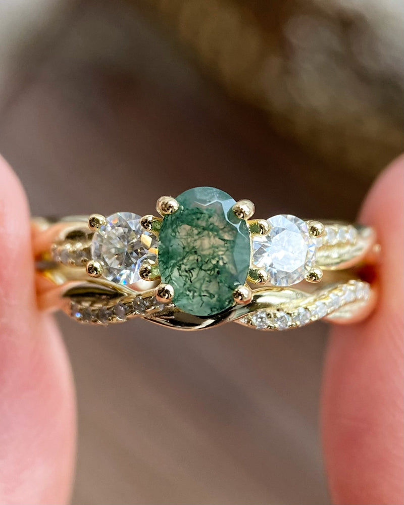 【Veritas】Unique Handmade Natural Moss Agate Engagement Ring Set 2pcs 0.75ct Oval Cut