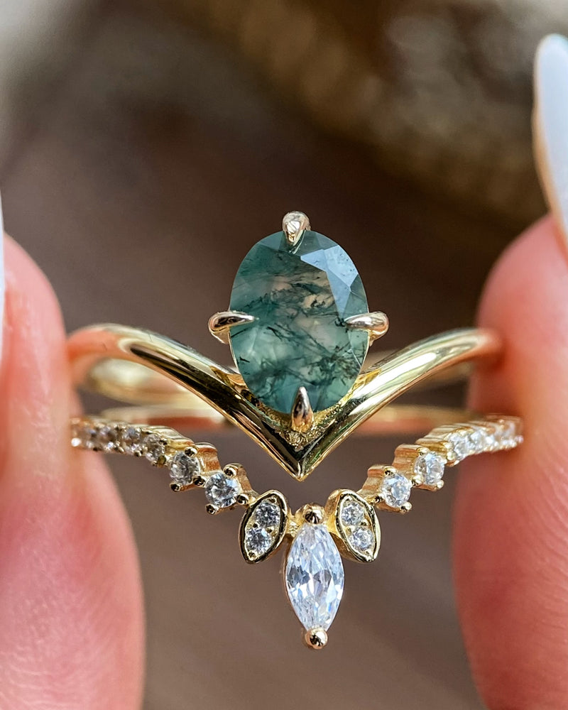 【JADE SET】Unique Handmade Natural Moss Agate Engagement Ring Set 2pcs Oval Cut 1.5ct