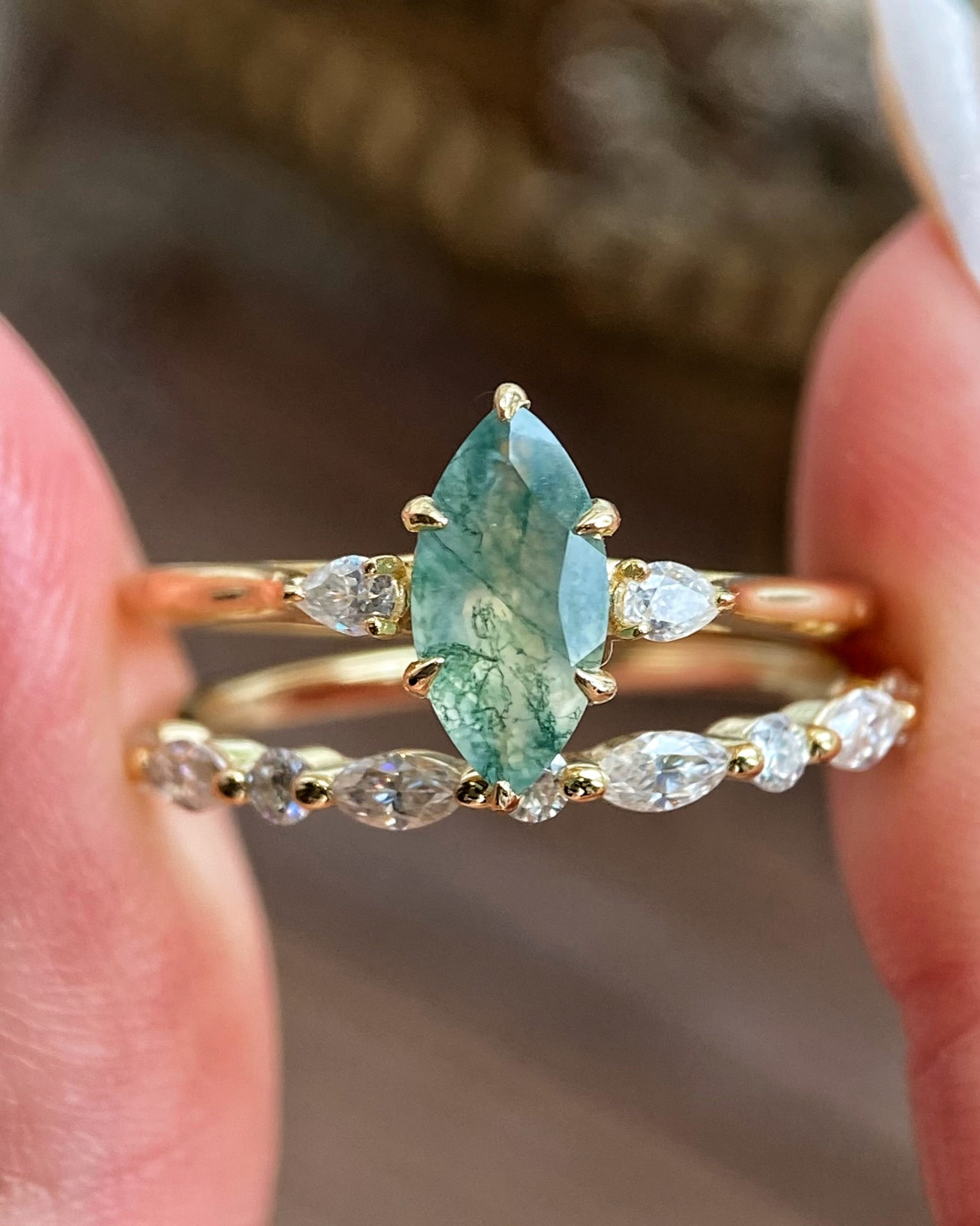 【Cordelia】Unique Handmade Natural Moss Agate Engagement Ring Set 2pcs 1ct Marquise Cut