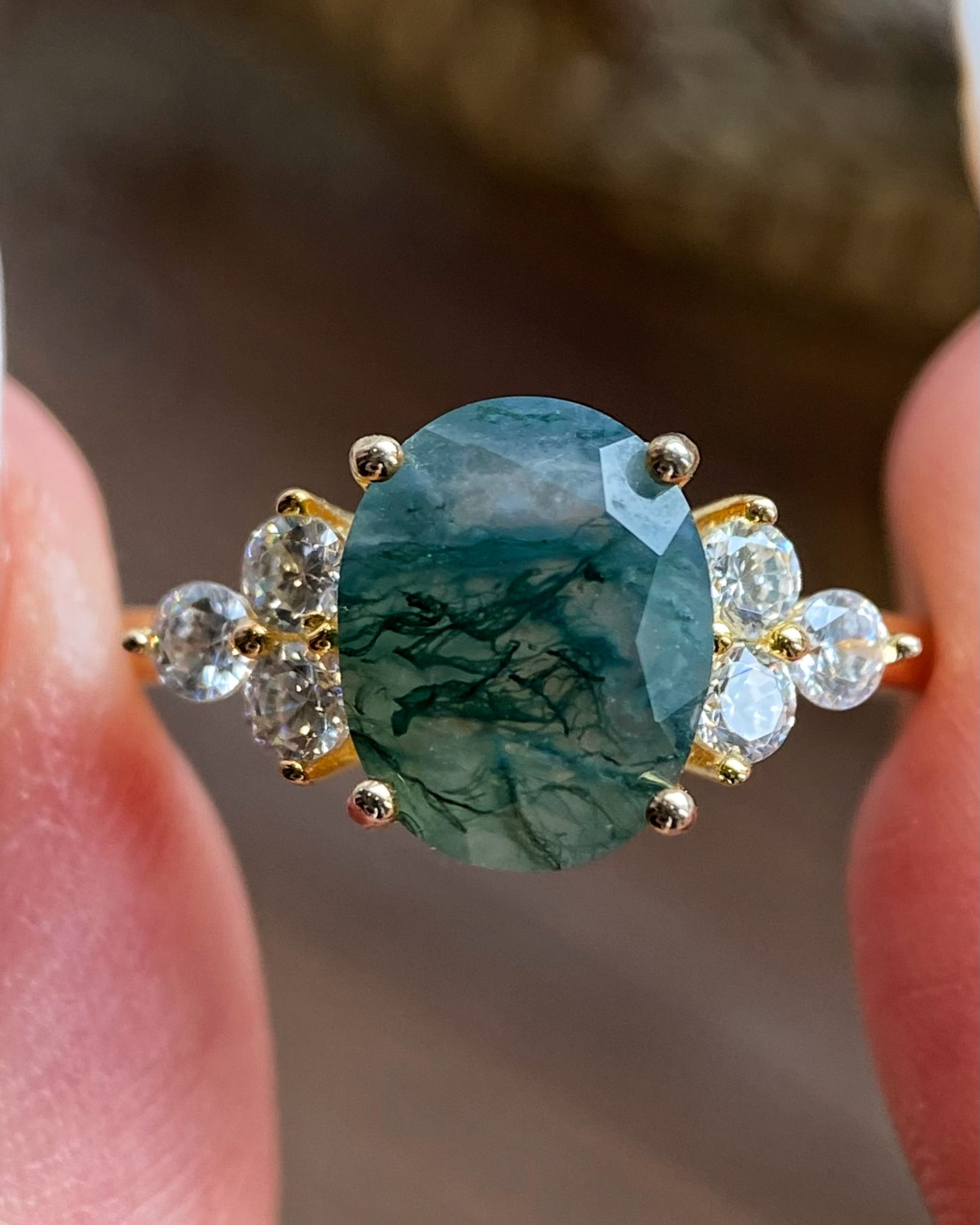 【ELOWEN】Unique Handmade Natural Moss Agate Engagement Ring Oval Cut 3ct