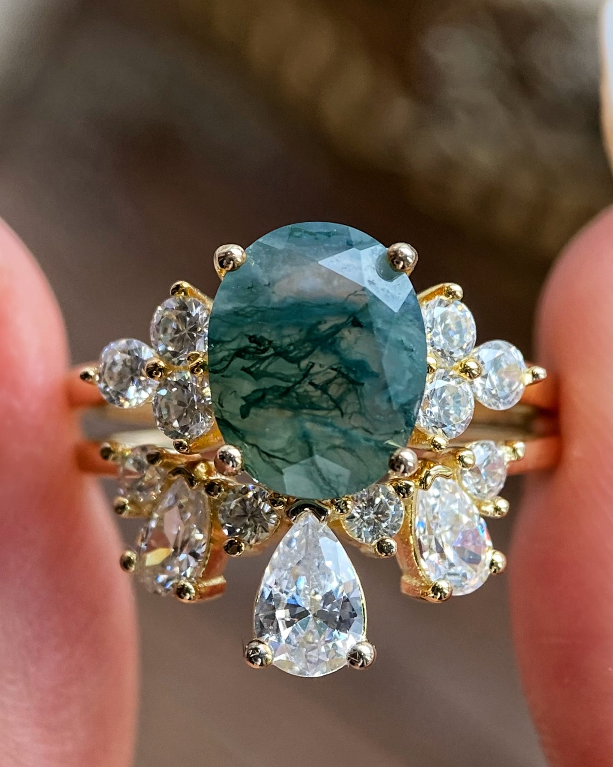【ELOWEN SET】Unique Handmade Natural Moss Agate Engagement Ring Set 2pcs Oval Cut 3ct