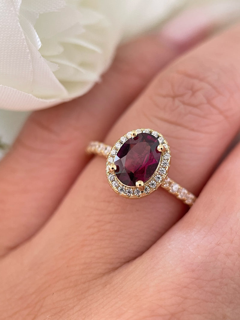 【Amara Cascade】Bague de fiançailles unique, faite main, en grenat rhodolite naturel de 1,5 ct, forme ovale