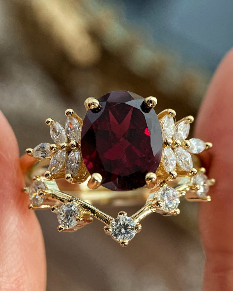 【SCARLETTE SET】Handmade Natural Rhodolite Garnet Engagement Ring Set 2pcs Oval Cut 3ct