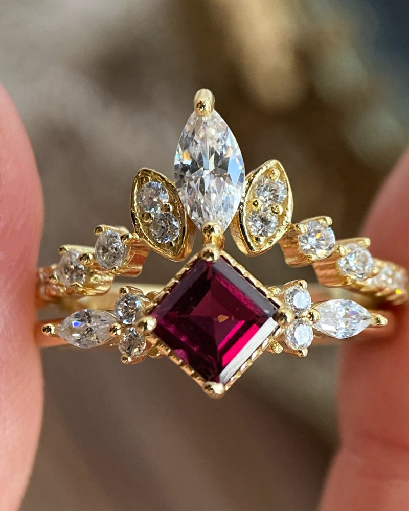 【ENSEMBLE ANTONIA】Ensemble de 2 bagues de fiançailles en grenat rhodolite naturel fait main, 0,75 ct, forme princesse