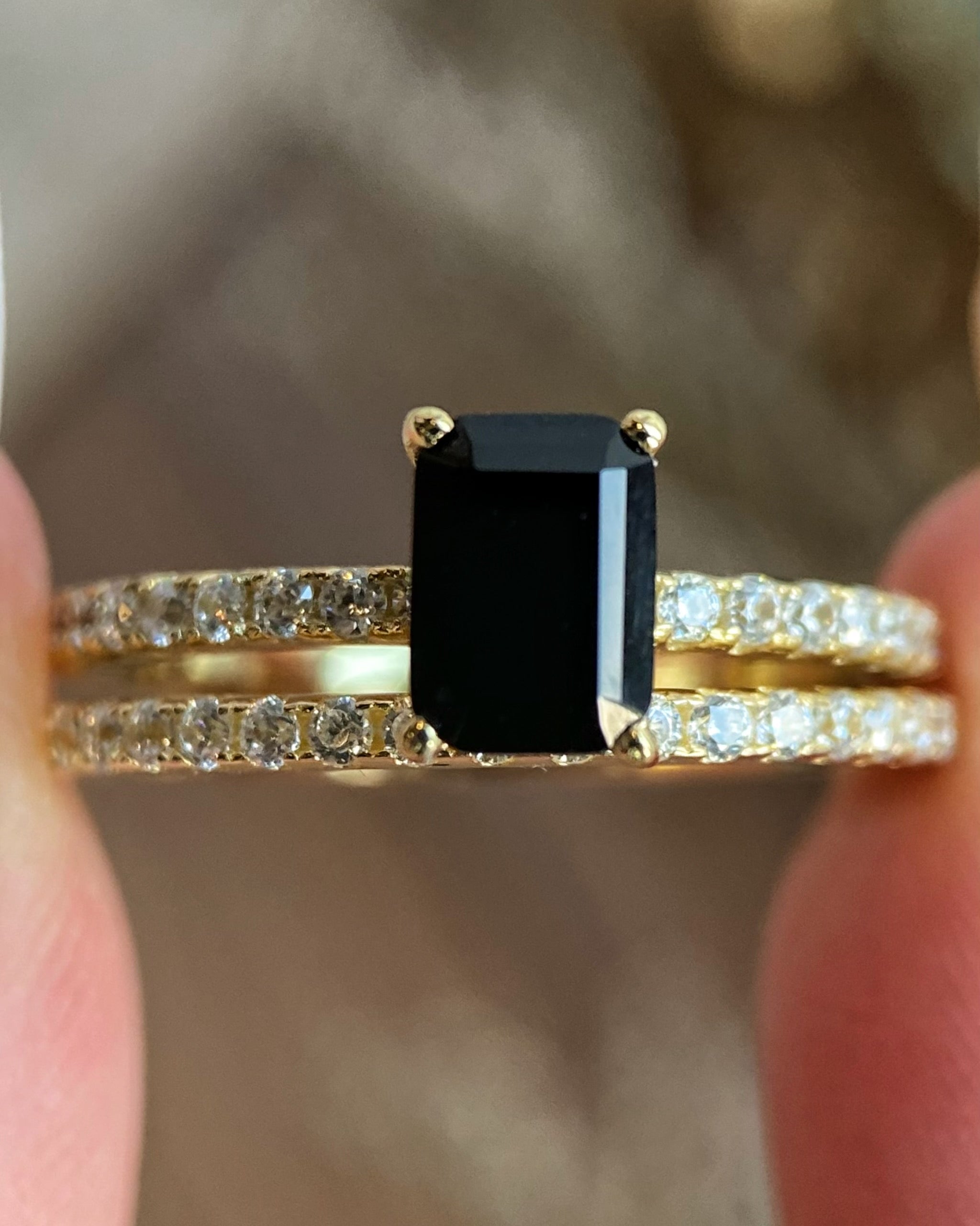 【Onyx Summetry Set】Handmade Natural Black Onyx Engagement Ring Set 2pcs 1ct Emerald Cut